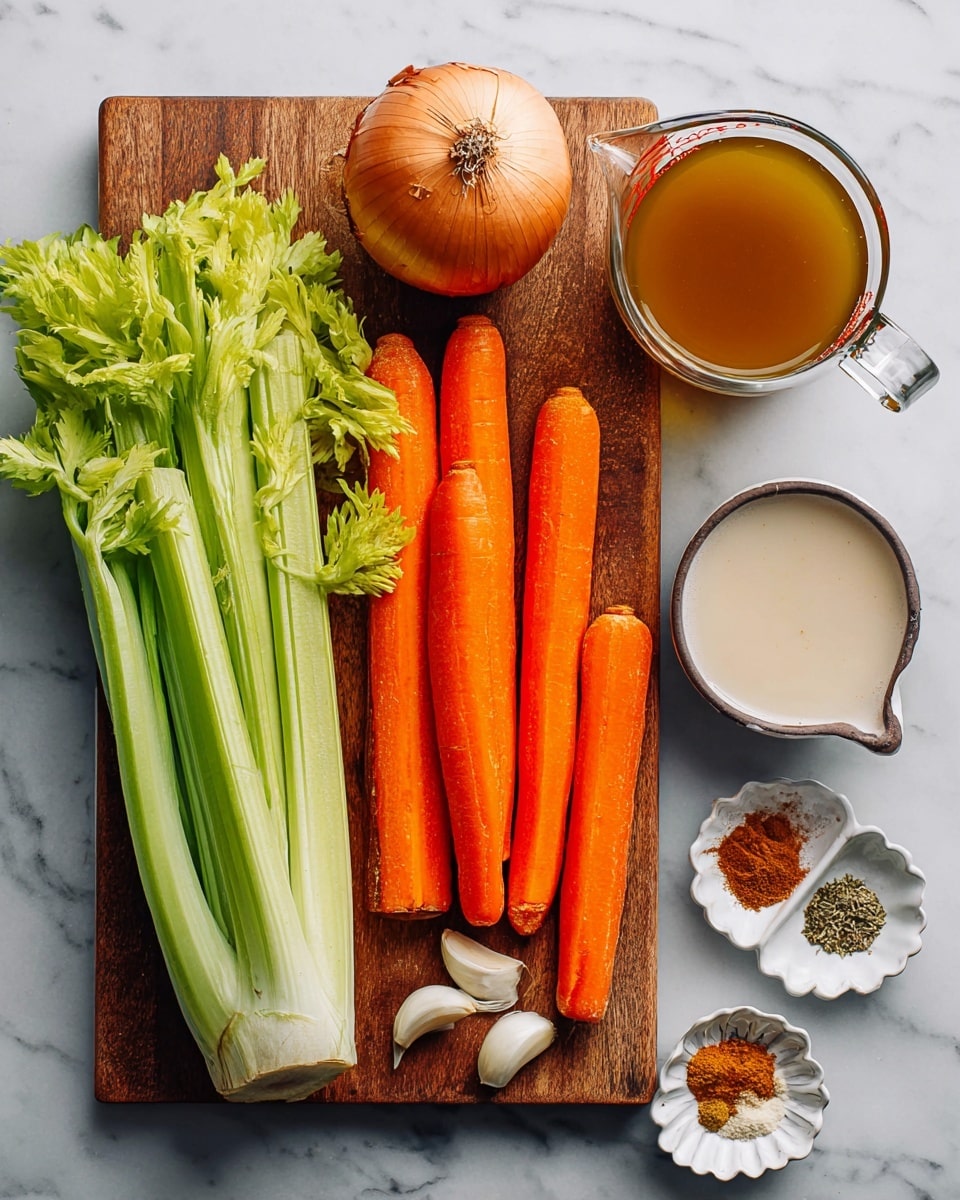 The image shows fresh whole carrots and long celery stalks placed side by side on a wooden cutting board. There is a whole onion and two garlic cloves near the bottom of the board. A small glass bowl with olive oil is also on the board. To the right of the board on a white marbled surface, there is a glass measuring cup filled with clear brown broth, a round white bowl with a white creamy liquid, and a small white scalloped dish holding four different spices arranged in small sections. photo taken with an iphone --ar 4:5 --v 7