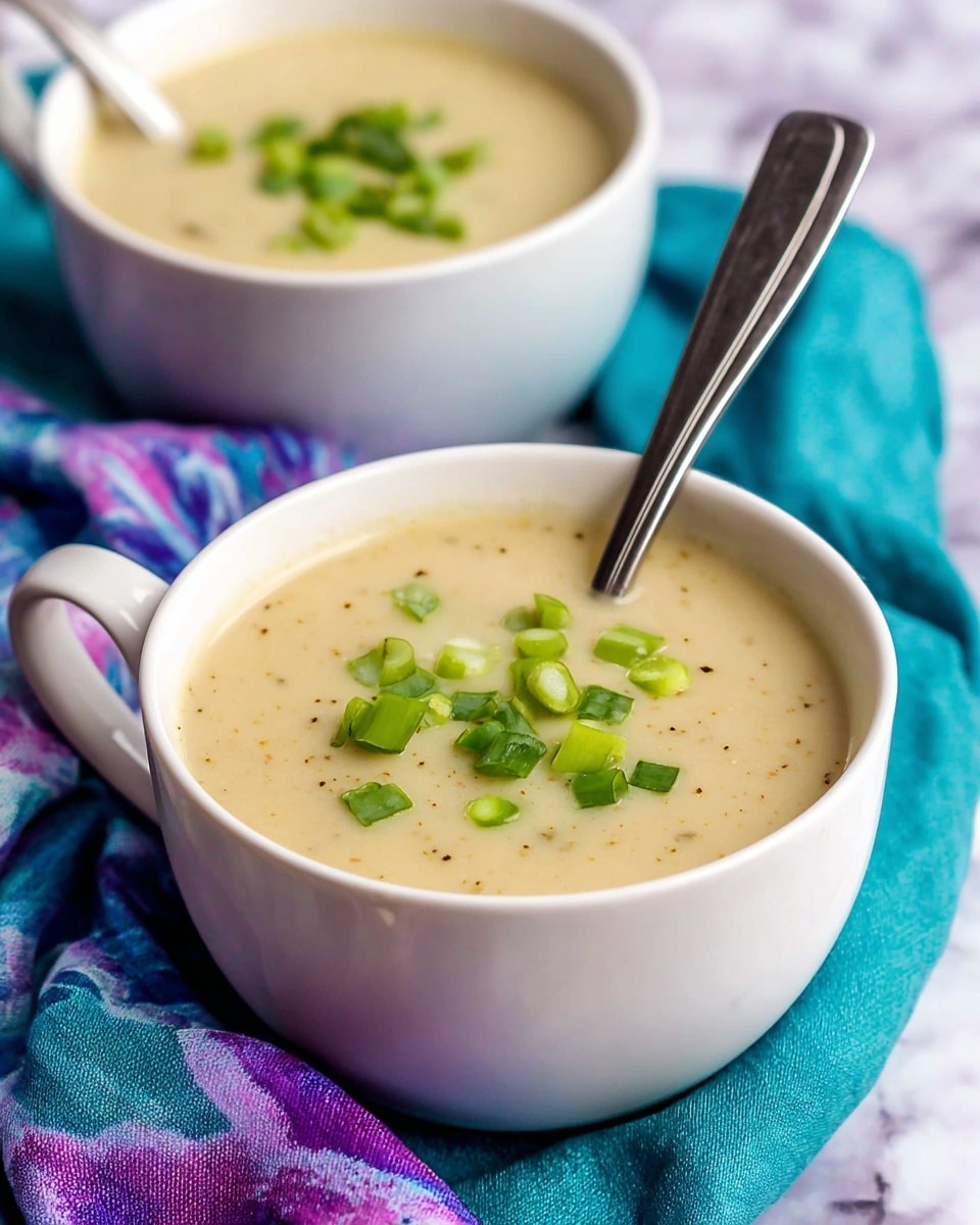 A creamy, light beige soup served in two white cups, each filled almost to the top with smooth texture and small specks inside. The soup is topped with fresh, chopped bright green onions scattered across the surface. A silver spoon is placed inside the front cup, resting against the side. Both cups sit on a white marbled surface, with a colorful blue and purple cloth draped casually around them. The background is softly blurred, focusing on the soup in the front cup. photo taken with an iphone --ar 4:5 --v 7