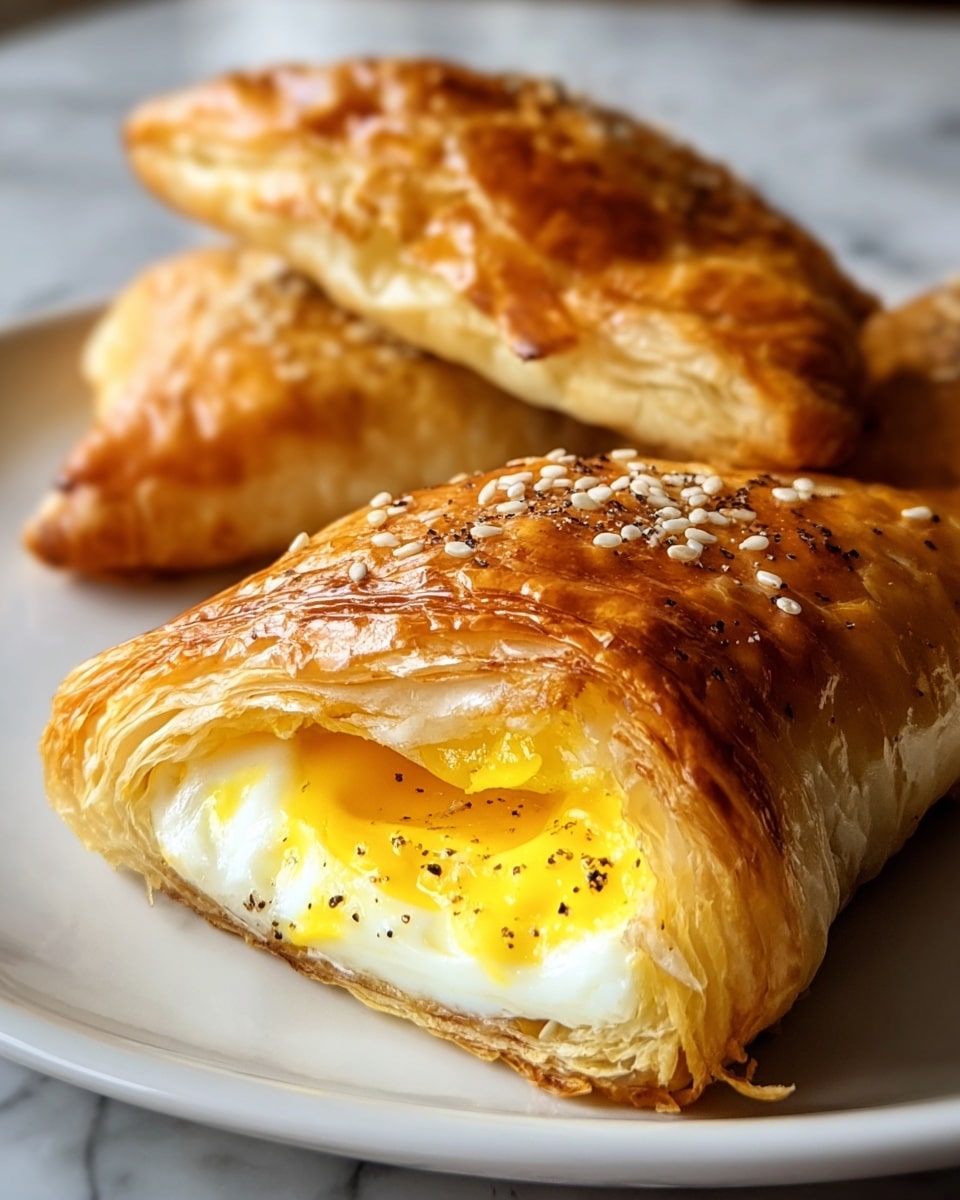 The image shows three golden brown pastries on a white plate sitting on a white marbled surface. The closest pastry is cut open, revealing thin, flaky layers of the crust on the outside with a soft, cooked egg inside. The egg has a bright yellow yolk and soft white, with some black pepper sprinkled in the filling. The tops of the pastries have a shiny, slightly crisp texture with small seeds scattered on them. The plate is simple, allowing the warm, inviting colors and textures of the pastries and egg to stand out. photo taken with an iphone --ar 4:5 --v 7