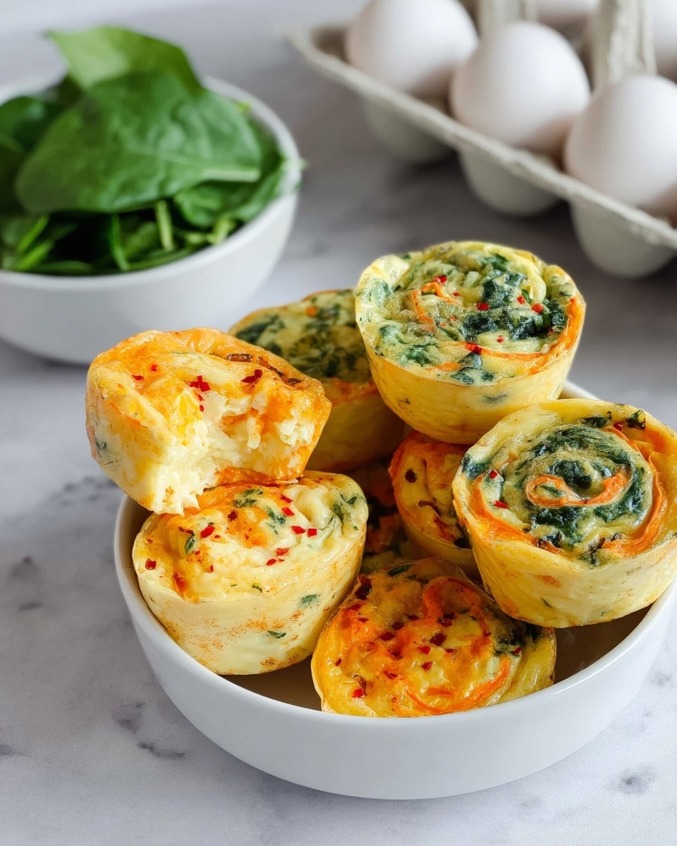 A white bowl filled with small round egg muffins stacked in layers; the muffins have two main types—one with bright orange and creamy yellow swirls, and the other with green leafy bits mixed with light yellow, sprinkled with small red flakes. One muffin is cut in half and placed on top, showing a soft, fluffy yellow inside with some orange on top. In the background, there is a carton of white eggs and a white bowl full of fresh green spinach leaves, all set on a white marbled surface. Photo taken with an iphone --ar 4:5 --v 7