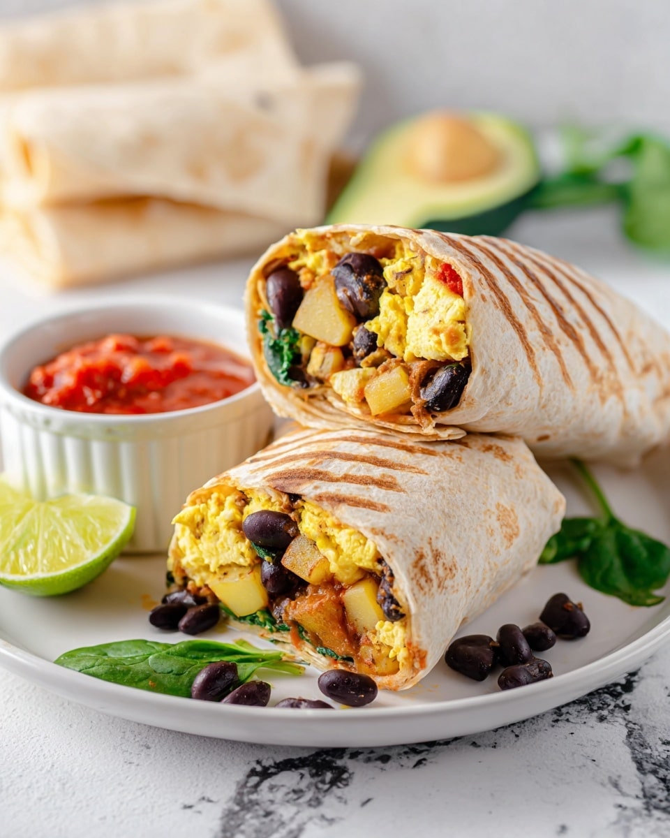 The image shows two halves of a grilled burrito placed on a white plate with a white marbled surface underneath. The burrito is wrapped in a light toasted tortilla with visible grill marks on the outside. Inside, the layers include a golden scrambled egg layer, bright yellow potato chunks, dark black beans, and some green spinach leaves. There is also a slight touch of red from what looks like salsa near the edges of the filling. On the plate beside the burrito is a small white dish filled with red salsa and a fresh lime wedge resting nearby. Scattered black beans and spinach leaves add color around the main dish. In the background, some rolled tortillas are softly out of focus. photo taken with an iphone --ar 4:5 --v 7
