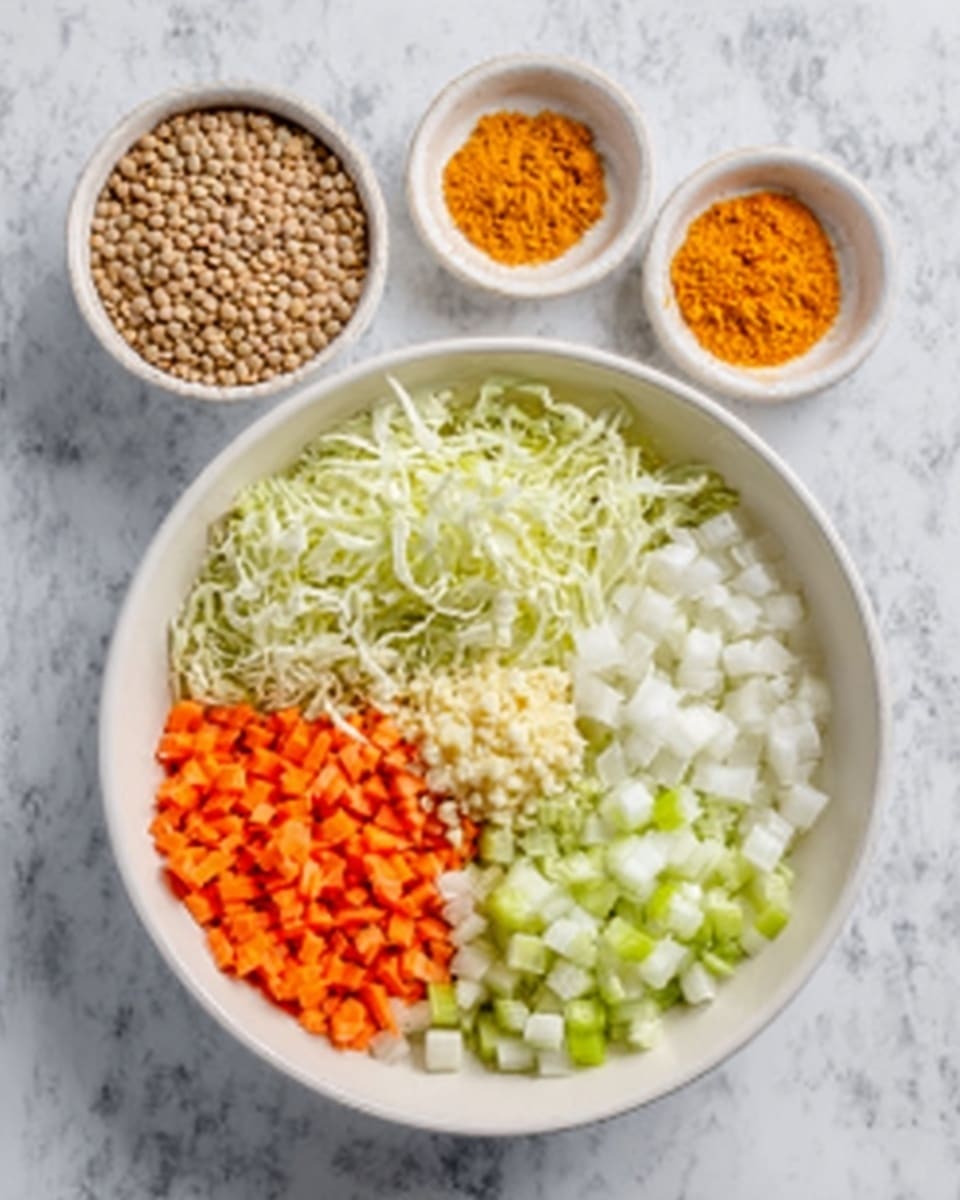 A white bowl sits on a white marbled surface filled with four sections of chopped vegetables arranged in a circle: finely shredded light green cabbage, thinly sliced bright orange carrots, diced white onions, and diced light green celery. In the center of these vegetables is a small pile of minced garlic. Above the bowl are two smaller white bowls on the same white marbled surface, one filled with uncooked beige lentils and the other with a small amount of vibrant orange turmeric powder. photo taken with an iphone --ar 4:5 --v 7