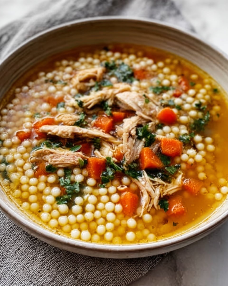 The image shows a shallow white bowl filled with a clear soup featuring small, round pasta pearls and shredded light brown chicken pieces on top. Bright orange carrot cubes and dark green herb pieces spread throughout the soup add pops of color. The broth has a warm, golden tint with a slightly oily surface shining gently. The bowl rests on a white marbled surface with a light gray cloth napkin peeking from one side. The close-up photo reveals texture and steam rising lightly from the hot soup, giving a fresh and comforting look. Photo taken with an iphone --ar 4:5 --v 7