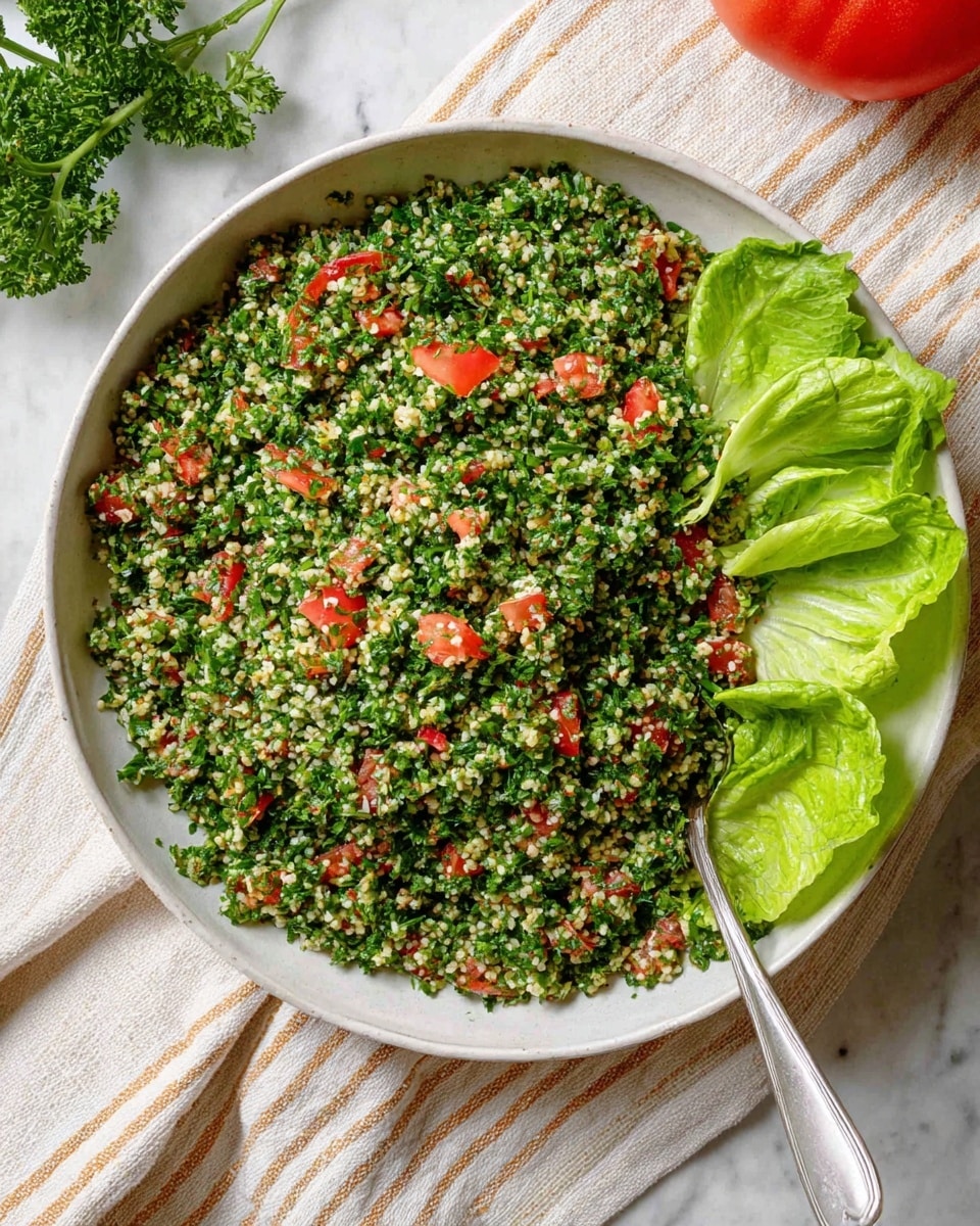 A large white bowl filled with a grain salad made of finely chopped green herbs and small round grains, mixed with small red tomato pieces scattered evenly on top. On one side of the bowl, there are three bright green leafy lettuce pieces arranged in a fan shape. A shiny silver spoon rests inside the bowl, partially submerged in the salad. The bowl is placed on a white marbled surface with a beige and white striped cloth underneath and a half red tomato and some parsley visible in the top left corner. photo taken with an iphone --ar 4:5 --v 7