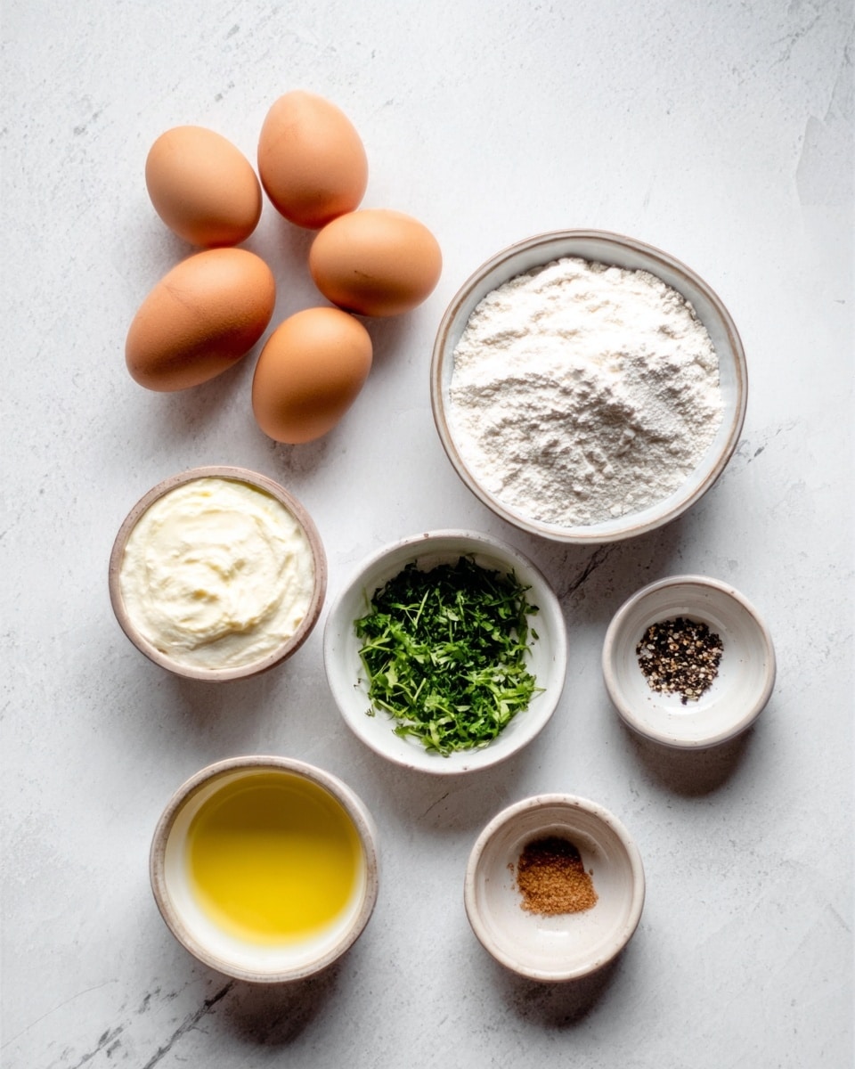 The image shows a white marbled surface with six brown eggs on the left side. To the right are five white bowls arranged around the eggs. The top right bowl contains green chopped herbs. Below it is a bowl with white flour. To the left of the flour is a small bowl with brown sugar. Below the sugar bowl is a bowl with a yellow liquid, likely oil. To the right of the flour is a small bowl containing black pepper. Everything is neatly placed with soft natural light. Photo taken with an iphone --ar 4:5 --v 7