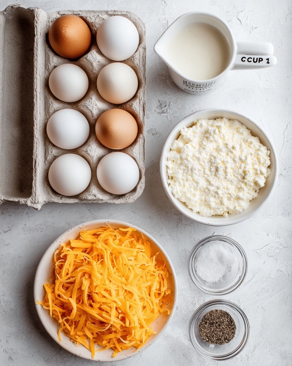 The image shows a top view of ingredients neatly arranged on a white marbled surface. There is a carton holding eight eggs with a mix of white and brown shells on the left side. To the right, a white measuring cup labeled
