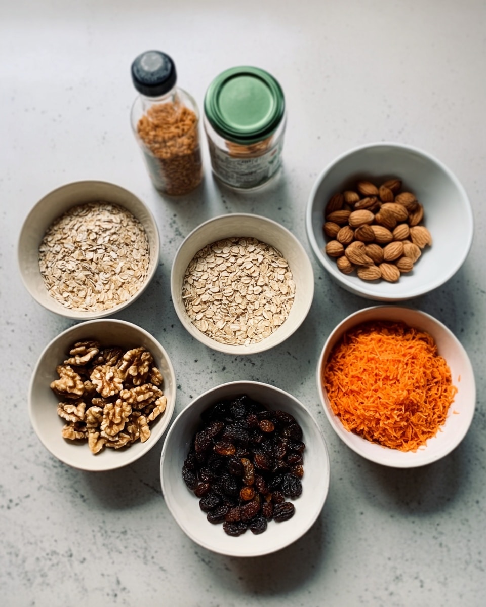 The image shows six white bowls filled with different ingredients placed on a white marbled surface. The top row has three bowls: the left one holds a clear bottle with a dark liquid, a light-colored bottle, and two green-top jars; the middle bowl is filled with oatmeal grains; the right bowl contains some whole nuts. The bottom row has three bowls too: the left bowl has walnut halves, the middle bowl is filled with dark brown raisins, and the right bowl holds finely grated orange carrots. Each bowl is evenly spaced in a neat, simple arrangement. photo taken with an iphone --ar 4:5 --v 7