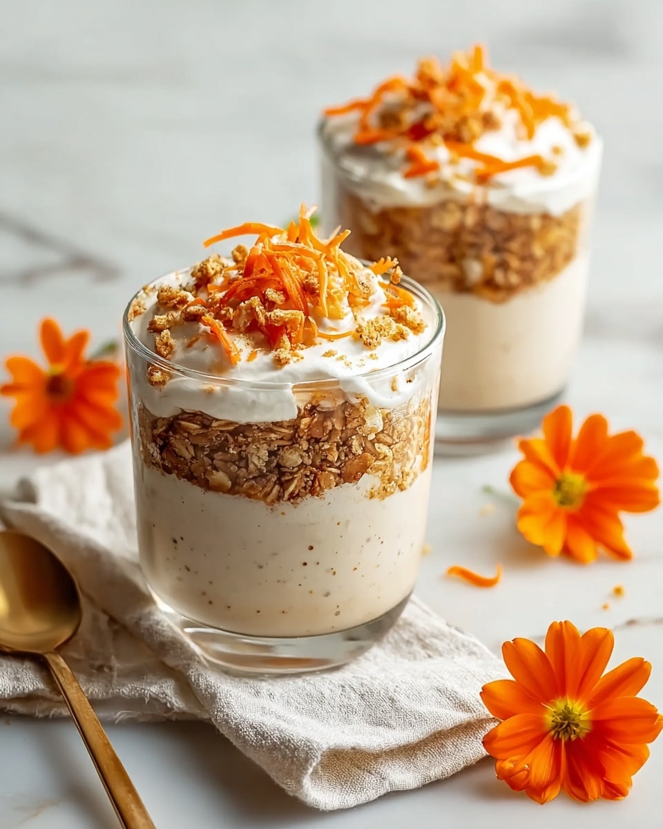 Two clear glass cups hold layered desserts placed on a white marbled surface, each with three distinct layers. The bottom layer is a smooth, creamy, light beige base with small vanilla specks. The middle layer consists of a crunchy, golden-brown granola mixture that wraps around the inside of the cup. The top layer is a fluffy white whipped cream, crowned with bright orange carrot shreds and sprinkled with more granola crumbs. Bright orange flowers are scattered gently around the desserts, and a gold spoon rests next to the front cup on a folded white cloth. Photo taken with an iphone --ar 4:5 --v 7