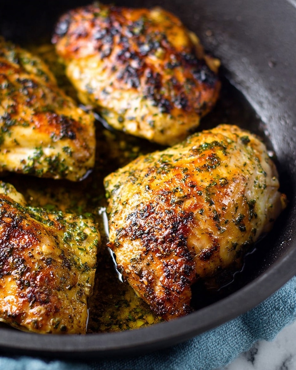 Three cooked chicken pieces sit in a black pan with a slightly shiny surface showing some oil. Each piece has a golden-brown crust with small darker charred spots and green herb specks all over, showing a textured, moist, and flavorful look. The background is a white marbled texture with a soft blue cloth under the pan edge. The chicken pieces are arranged close together, filling the pan’s center but with some space around the edges. photo taken with an iphone --ar 4:5 --v 7