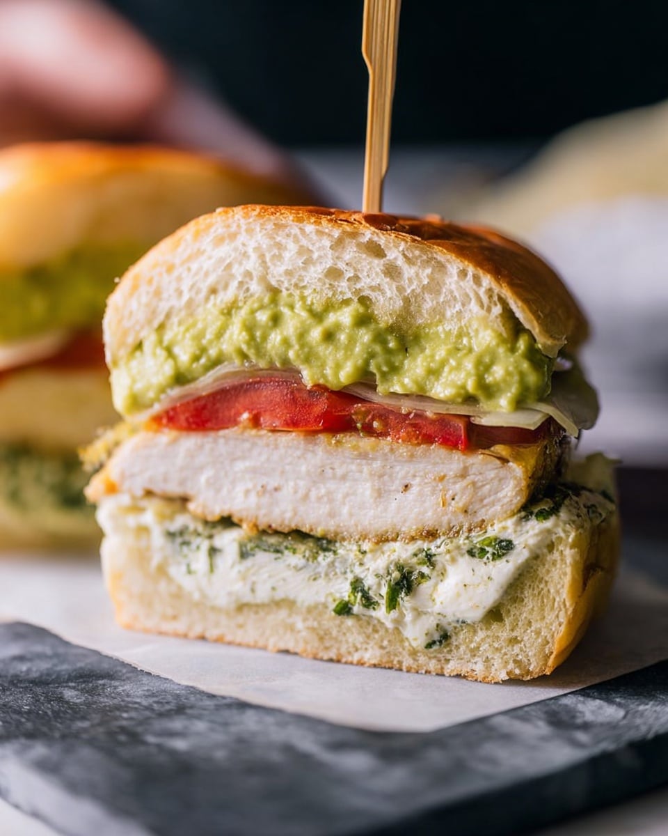 The image shows a close-up of a sandwich cut in half, with four clear layers inside a soft white bun. The top layer is light green avocado spread with some small chunks giving a creamy texture. Below that is a thick beige piece of chicken with a slightly rough surface. The third layer is a bright red tomato slice that looks juicy and fresh. The bottom layer is creamy white cheese mixed with green herbs, spread thickly on the sandwich base. The sandwich is standing on a dark stone surface with a white marbled texture in the background. A wooden pick holds the sandwich together, and a woman's hand is visible in the blurred background. Photo taken with an iphone --ar 4:5 --v 7