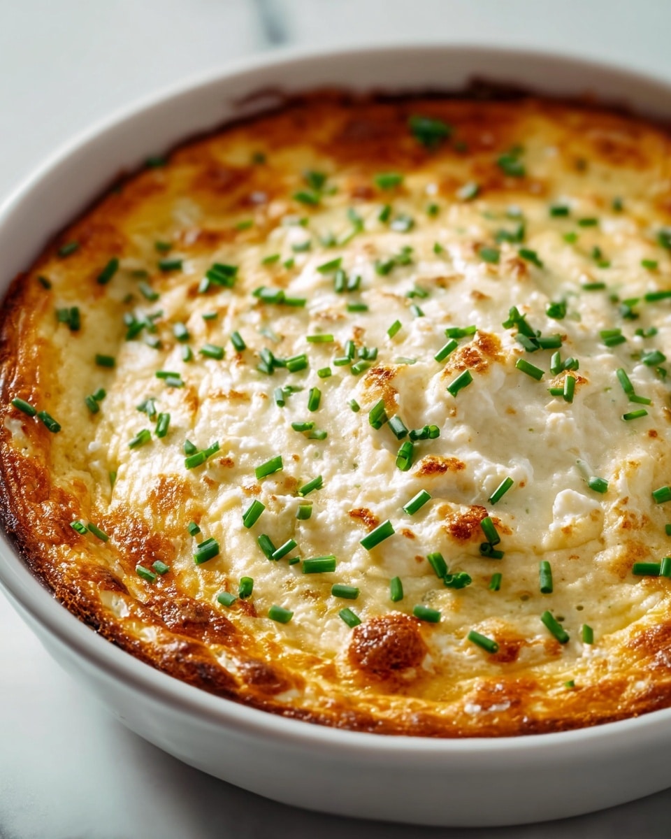 A white round dish is filled with a baked layer that has a golden brown crust around the edges and a creamy white center with small lumps. Bright green chopped chives are scattered evenly on top. The top layer shows a slightly crispy texture with browned spots and a soft, fluffy, white filling underneath. The dish is placed on a white marbled surface, and soft natural light highlights the texture and colors closely. photo taken with an iphone --ar 4:5 --v 7