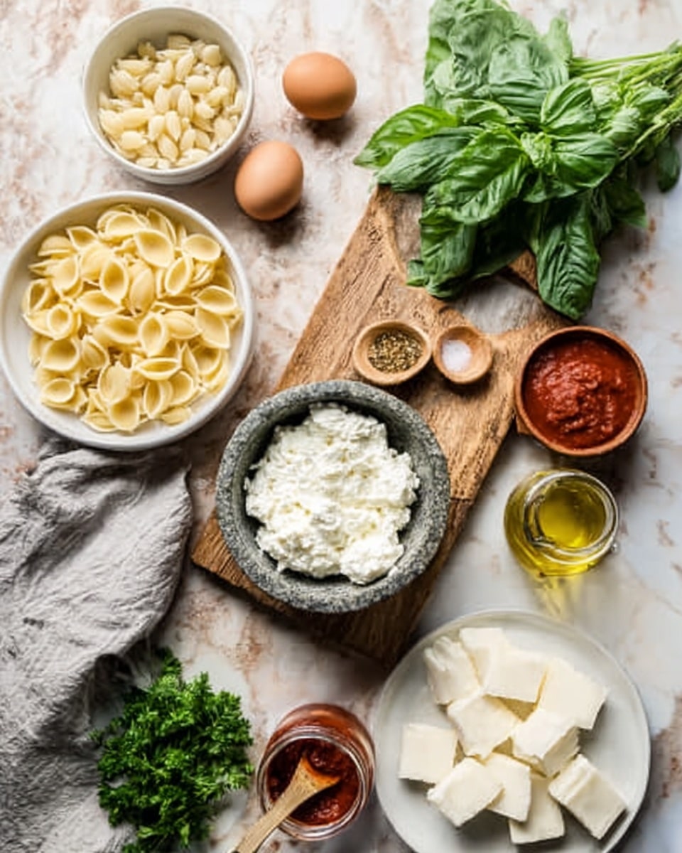 The image shows a top view of various cooking ingredients arranged neatly on a white marbled surface. In the center, there is a wooden board with a stone bowl filled with a white creamy cheese. Around it, from top to bottom, there is a white bowl with uncooked pasta shells, a bunch of green fresh basil, a small glass jar with golden olive oil, a small wooden bowl with spices, a bunch of fresh green parsley, and a small open jar of red sauce. Nearby, a white plate holds two brown eggs, and another white plate has large white cubes of cheese. A light grey cloth napkin adds texture near the bottom left corner. The whole setup is clean and bright, focused on fresh ingredients, photo taken with an iphone --ar 4:5 --v 7