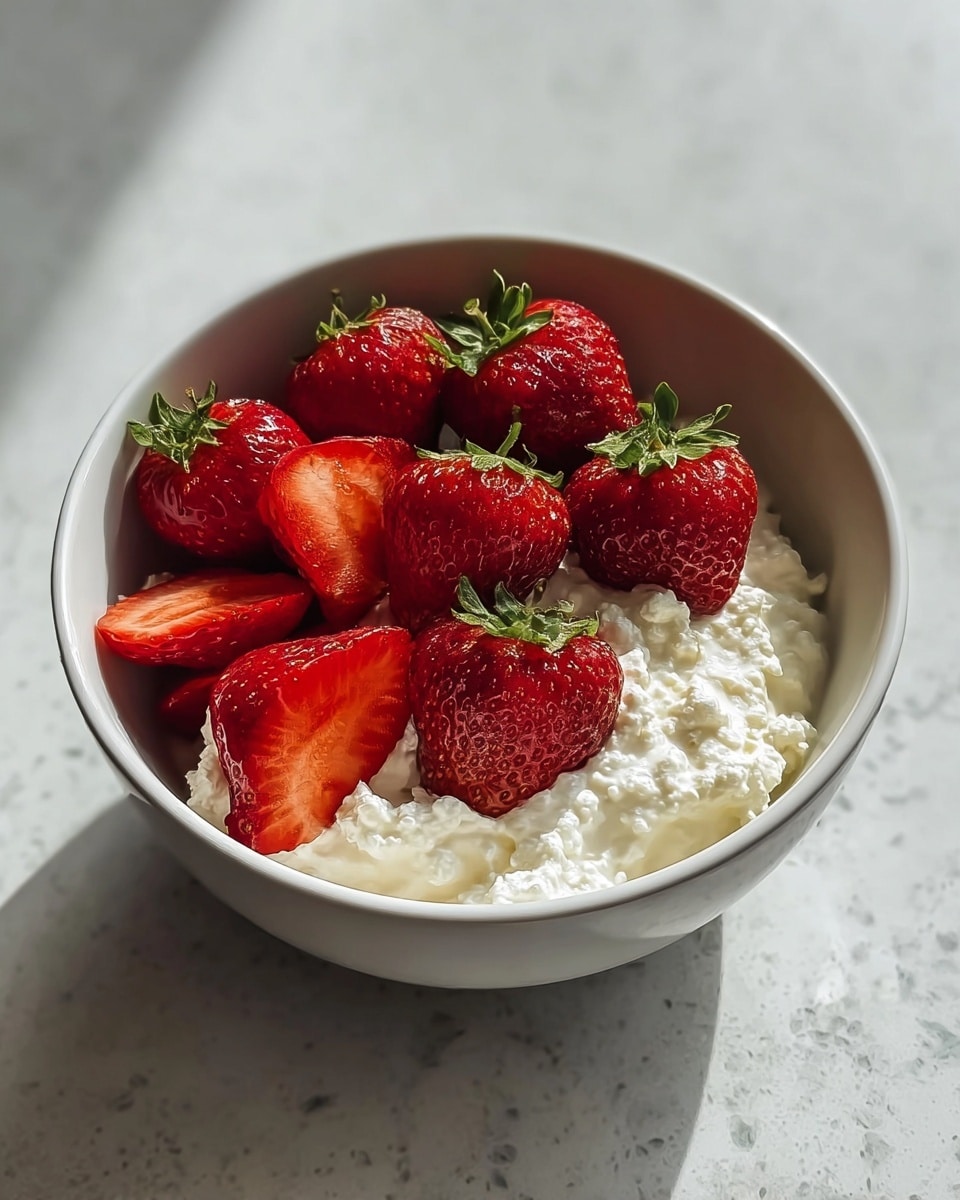 A white bowl filled with two layers is shown. The bottom layer is a creamy white textured cottage cheese. On top of it, there is a layer of fresh, whole and halved bright red strawberries with green leaves on some. The bowl sits on a white marbled surface with soft natural light coming from the left side. Photo taken with an iphone --ar 4:5 --v 7