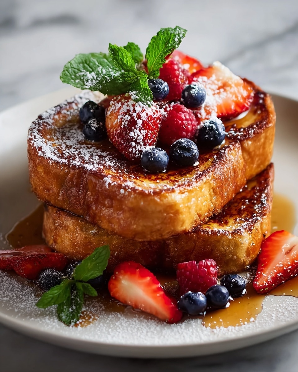 Two thick pieces of golden brown French toast are stacked on top of each other on a white plate, with syrup dripping slightly down the sides. The top toast is decorated with fresh strawberries sliced in half, whole blueberries, and a raspberry, all lightly dusted with powdered sugar. Bright green mint leaves sit next to the berries on the top slice. More berries and powdered sugar surround the toast on the plate. The surface below the plate is a white marbled texture. photo taken with an iphone --ar 4:5 --v 7