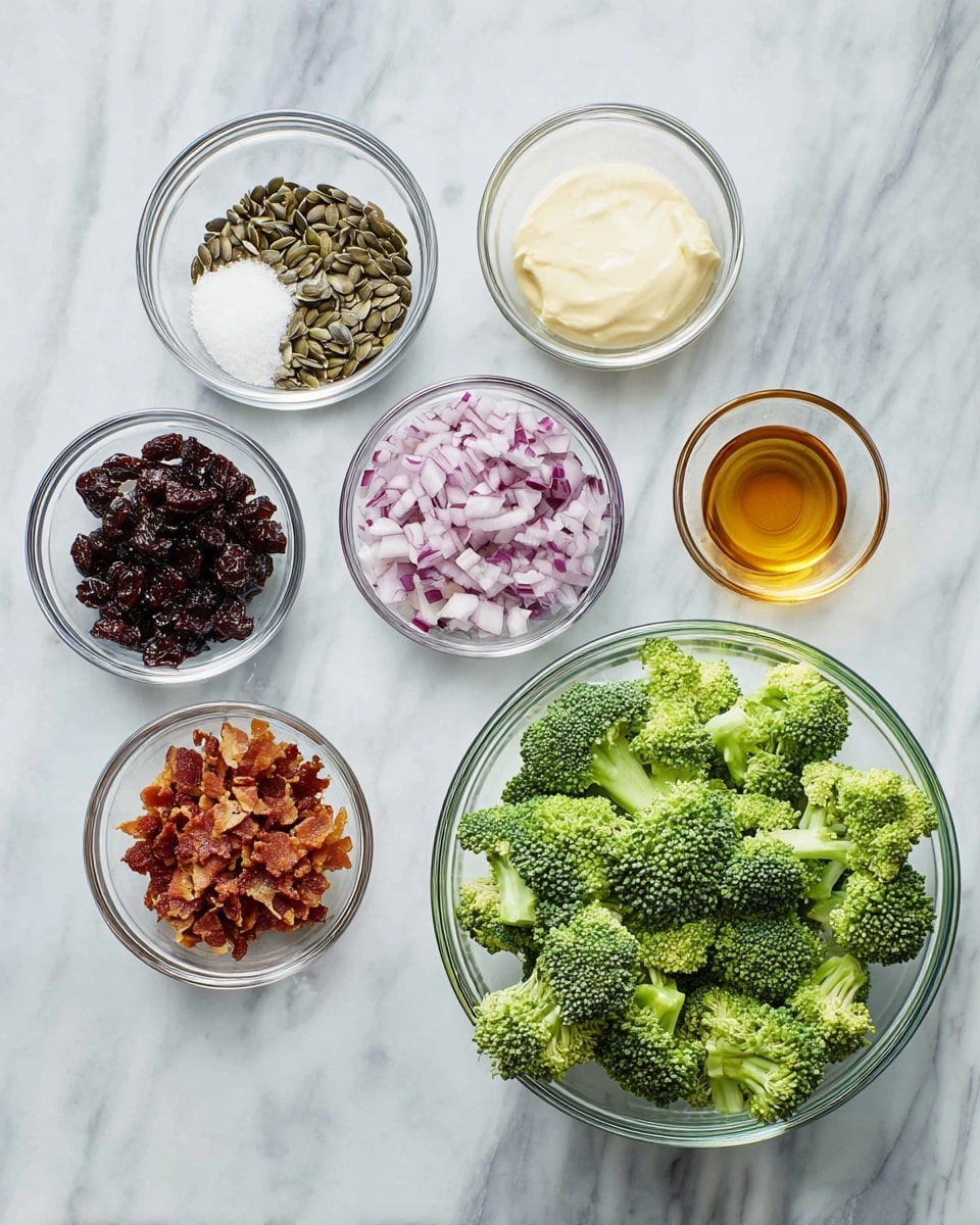 Several clear glass bowls are arranged on a white marbled surface, each holding different ingredients. The largest bowl on the right is filled with fresh, green broccoli florets. Surrounding it are smaller bowls containing chopped purple onions, crumbled cooked bacon, creamy mayonnaise, dark brown raisins, sunflower seeds, salt, and a small amount of amber-colored liquid, likely vinegar or oil. The textures range from crispy bacon and crunchy seeds to smooth mayonnaise and firm broccoli, all displayed with clear separation and vibrant colors. photo taken with an iphone --ar 4:5 --v 7