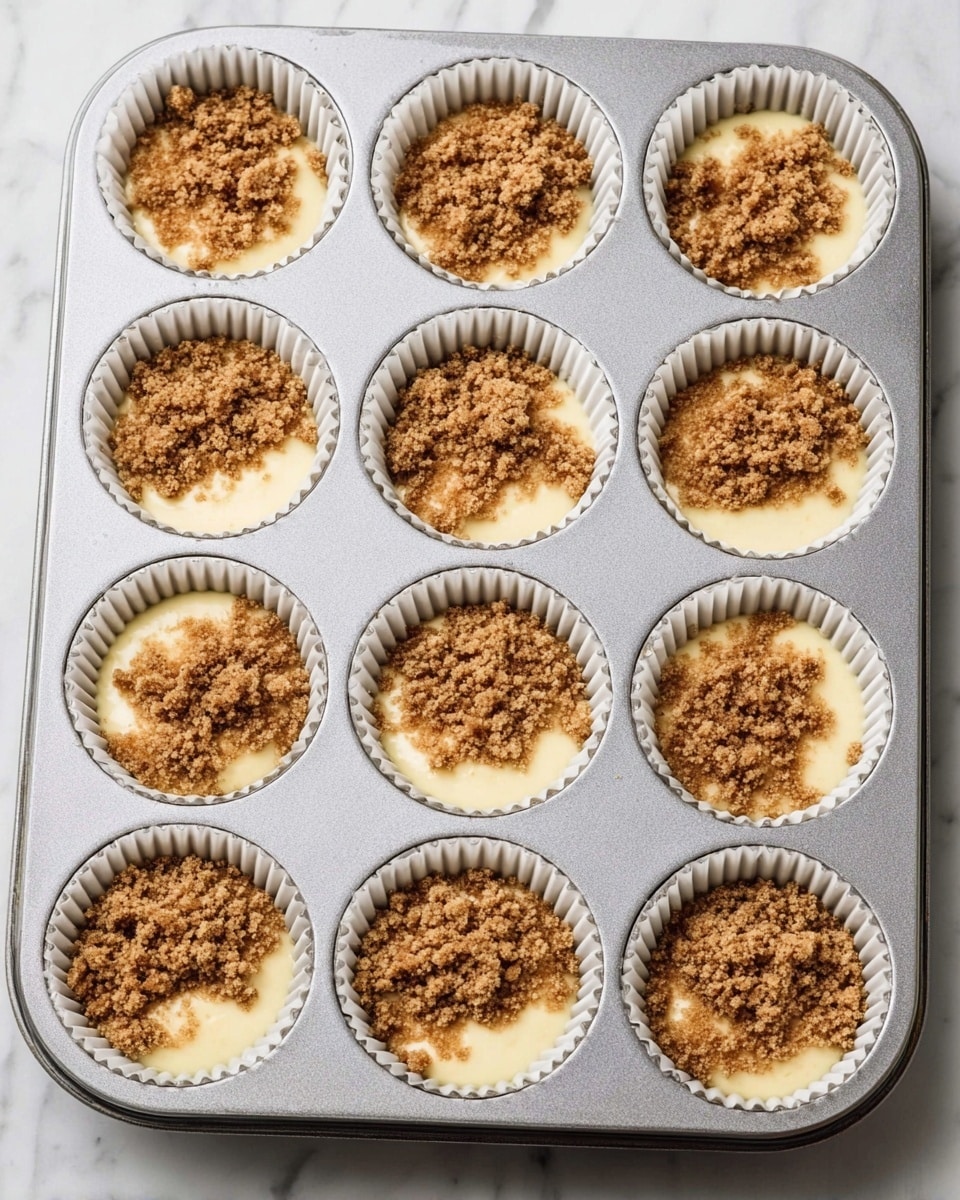 The image shows a silver muffin pan holding twelve white paper muffin liners, each filled halfway with pale yellow batter. On top of the batter in each liner is a generous layer of coarse, brown crumb topping that looks slightly rough in texture. The muffin pan sits on a white marbled surface, providing a clean and bright background that highlights the contrast between the smooth batter and crumbly topping. photo taken with an iphone --ar 4:5 --v 7