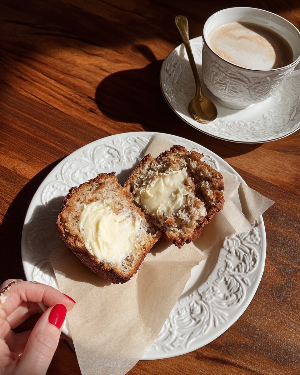 A white plate with an ornate pattern holds two muffin halves with a crumbly texture, each topped with a thick layer of melting cream-colored butter. The muffins rest on a piece of beige parchment paper, and a woman's hand with red nail polish is holding the edge of the plate. Above the plate is a white cup and saucer set with the same intricate pattern, filled with a frothy coffee drink, and a gold spoon placed inside the cup. The scene is set on a warm wooden table with patches of light and shadow. photo taken with an iphone --ar 4:5 --v 7