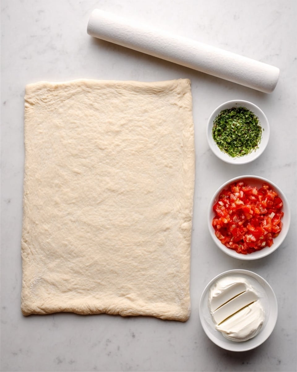 A rectangular sheet of light beige dough with smooth edges lies flat on a white marbled surface. To the right side, there are three small white bowls: one filled with finely chopped green herbs, another with bright red diced tomatoes, and the last contains a soft white spread or cream with two small slits on top. Behind these bowls, a white rolling pin rests diagonally on the white marbled surface. The overall scene is clean and simple, highlighting the raw ingredients. Photo taken with an iphone --ar 4:5 --v 7