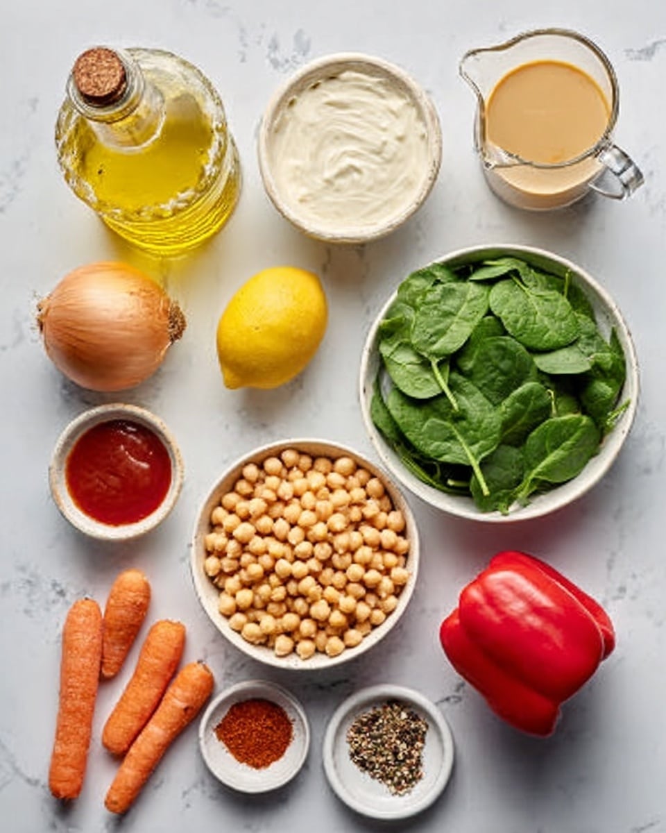 A white marble surface with ingredients arranged neatly in white bowls and plates: green spinach leaves in a bowl near the top center, cooked quinoa in a bowl on the middle right, and chickpeas in a bowl on the lower left. Around these are various ingredients including whole carrots with stems at the bottom, a whole onion on the left, a whole red bell pepper near the bottom center, a glass container with light yellow cooking oil on the top left, a glass jar of creamy white yogurt near the oil, a glass jug with a light amber liquid on the top right, a whole lemon on the right, and small containers of red spice, some brown sauce, and small nuts or seeds scattered near the center. Photo taken with an iphone --ar 4:5 --v 7