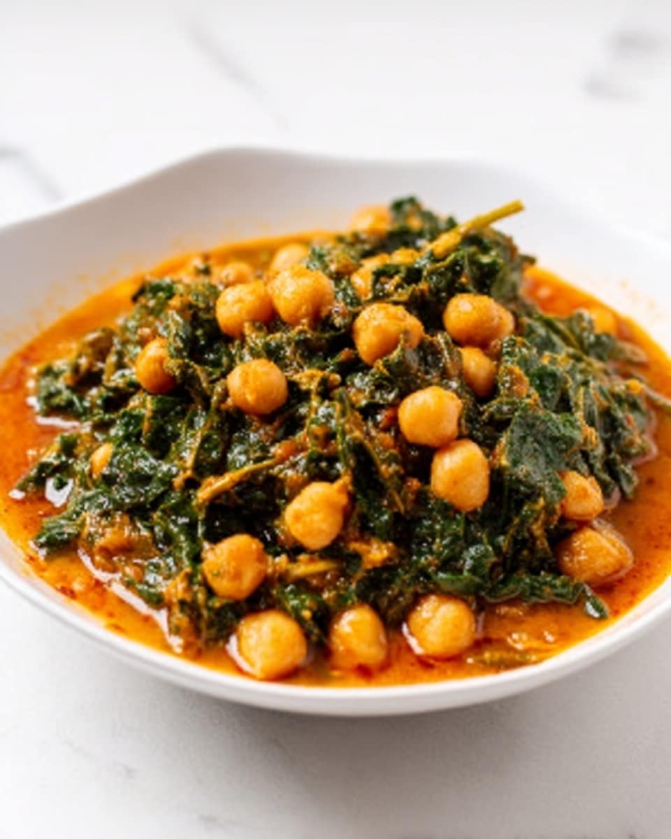 A white bowl holds a stew with three visible layers: the bottom layer is a thick, bright orange sauce, the middle layer is made up of many light yellow chickpeas, and the top layer consists of dark green leafy vegetables mixed evenly throughout. The stew looks saucy and rich. The bowl is placed on a white marbled surface. photo taken with an iphone --ar 4:5 --v 7