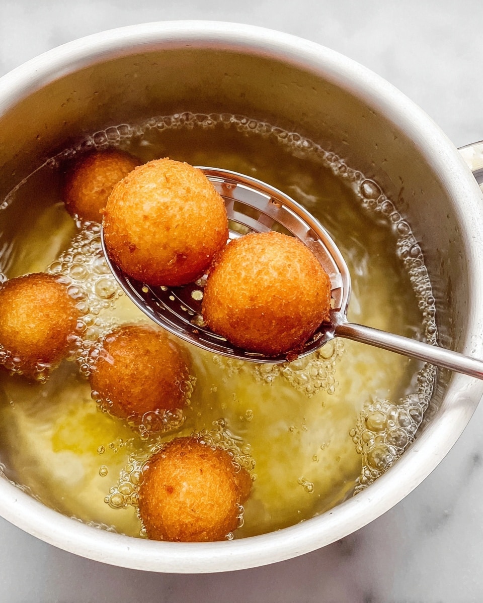 The image shows a white pot filled with clear hot oil where golden brown, round dough balls are frying. Two of the dough balls are held above the oil on a shiny metal slotted spoon, showing their crisp, textured surface with a deep golden color. The bubbles around the dough balls in the oil indicate they are freshly frying. The pot sits on a white marbled surface. photo taken with an iphone --ar 4:5 --v 7