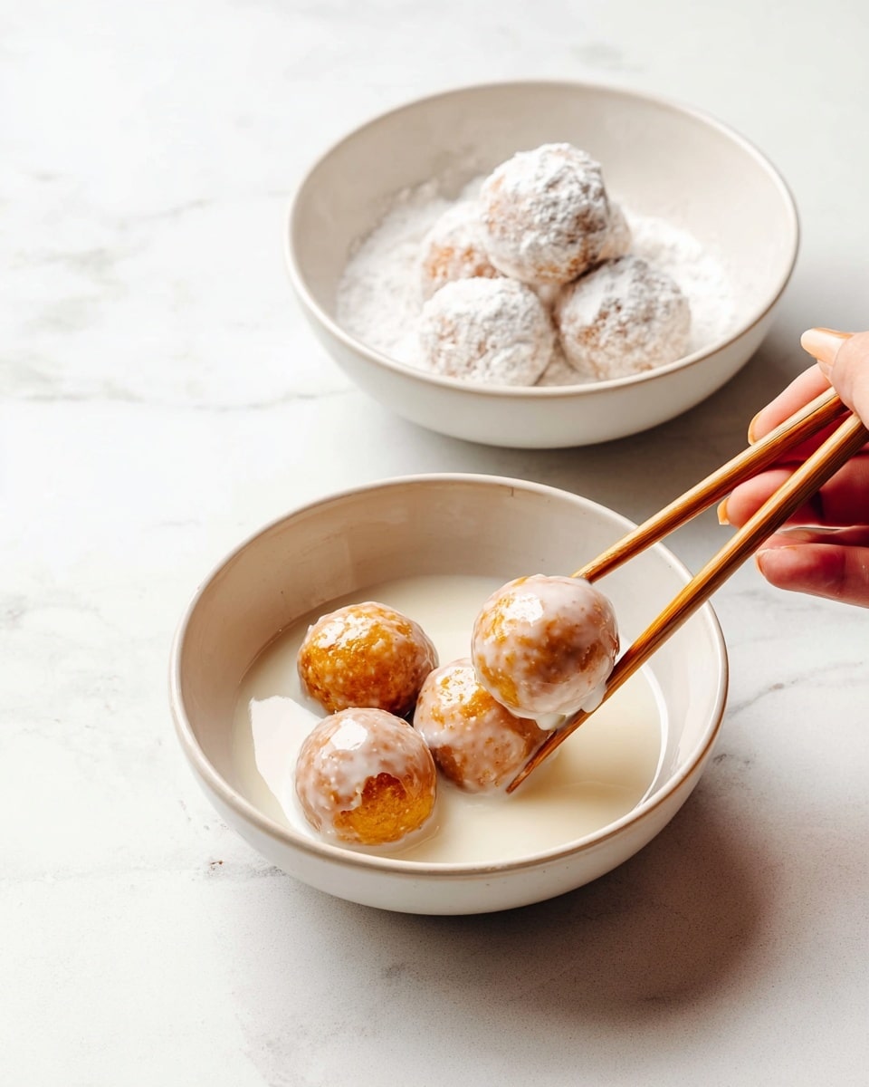 The image shows two white bowls on a white marbled surface. The front bowl holds three golden brown balls covered in a light white glaze, sitting in a pool of the same glaze. A woman's hand is using wooden chopsticks to lift one glazed ball from this bowl. The back bowl contains three similar golden brown balls buried in a thick layer of white powder, likely powdered sugar or flour. The texture contrasts between the powdery layer in the back and the smooth glaze in the front are clear. Photo taken with an iphone --ar 4:5 --v 7
