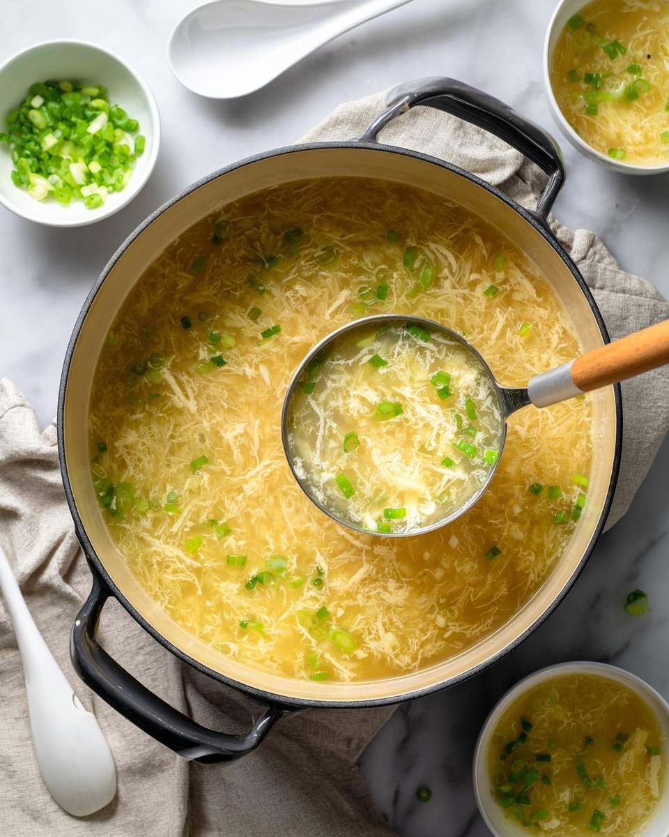 A large pot with a black handle is filled with light yellow soup that has soft, thin strands of egg mixed in, creating a textured surface. Bright green pieces of chopped scallions are scattered throughout the soup, adding a fresh pop of color. A metal ladle with a wooden handle is lifting some of the soup, showing the smooth broth with floating bits of egg and scallions. Around the pot, there are small white bowls with the same soup, garnished with chopped scallions. The setting includes a white marbled surface beneath everything, a white soup spoon, and a light gray cloth under the pot. photo taken with an iphone --ar 4:5 --v 7