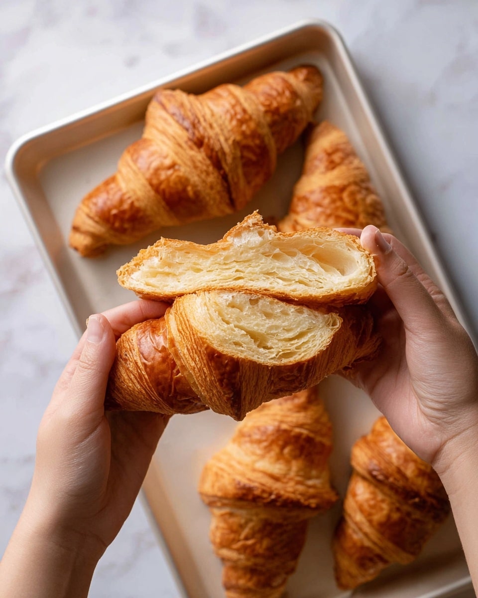 The image shows a close-up of a woman's hands holding a golden brown croissant that is split open to reveal its light, airy, and layered inside with a soft texture. Below the croissant, there is a white baking tray filled with several more croissants, each with a flaky and crisp outer layer that shines from baking. The overall scene is set on a white marbled surface, highlighting the warm brown tones of the croissants. photo taken with an iphone --ar 4:5 --v 7