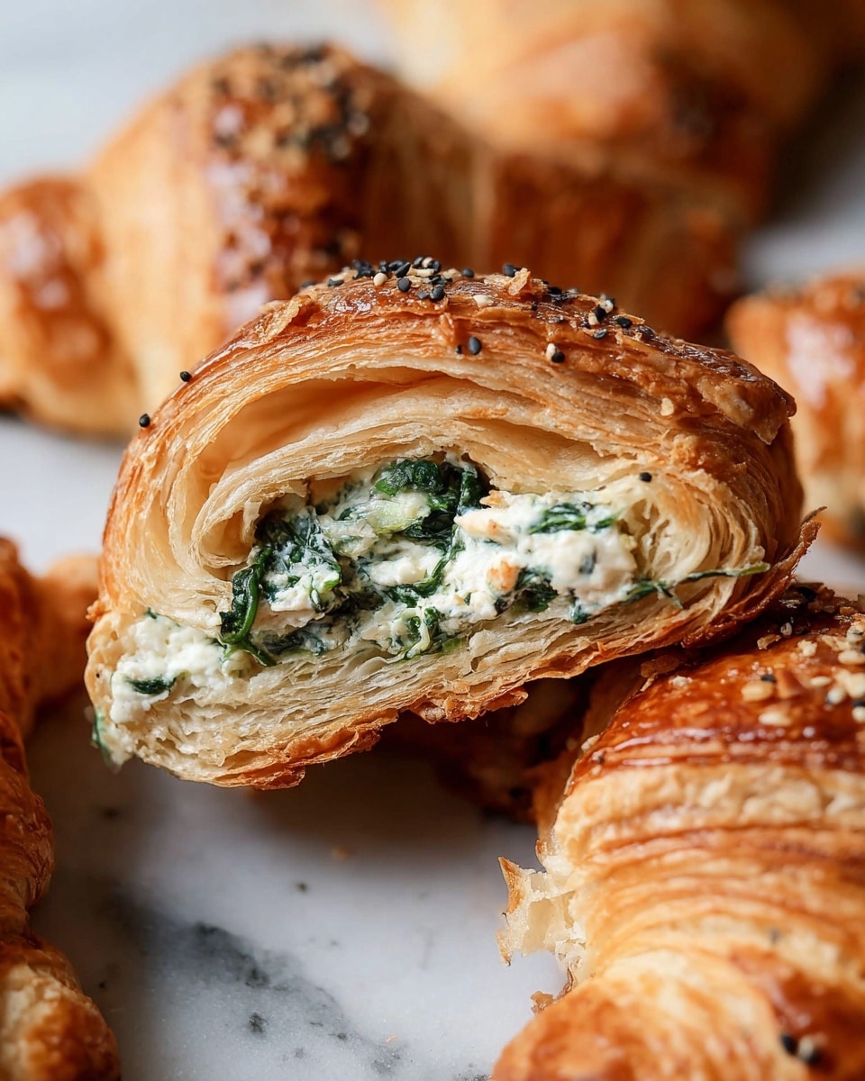 The image shows a close-up of a croissant cut in half, revealing multiple soft layers of flaky, golden brown pastry on the outside. Inside, there is a creamy white filling mixed with bits of dark green leafy spinach, positioned in the center between the flaky layers. The croissant has a shiny, slightly crisp top sprinkled with coarse salt and some black seeds. In the background, there are more whole croissants that look similar with their golden texture and toppings, all placed on a white marbled surface. photo taken with an iphone --ar 4:5 --v 7