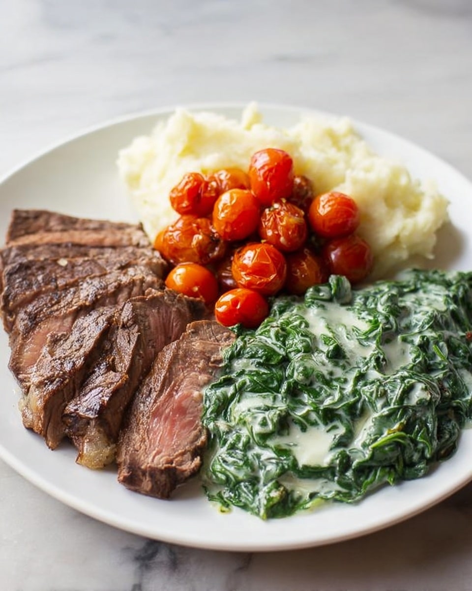 A white plate holds four sections of food placed side by side: on the left, several slices of cooked steak with brown outer edges and pink centers; next to the steak, a soft mound of white mashed potatoes; behind the potatoes, a small heap of round, roasted cherry tomatoes with a shiny, reddish-orange appearance; and in front on the right, a creamy spinach dish with bright green leaves covered in a white sauce. The plate is set on a white marbled surface. photo taken with an iphone --ar 4:5 --v 7