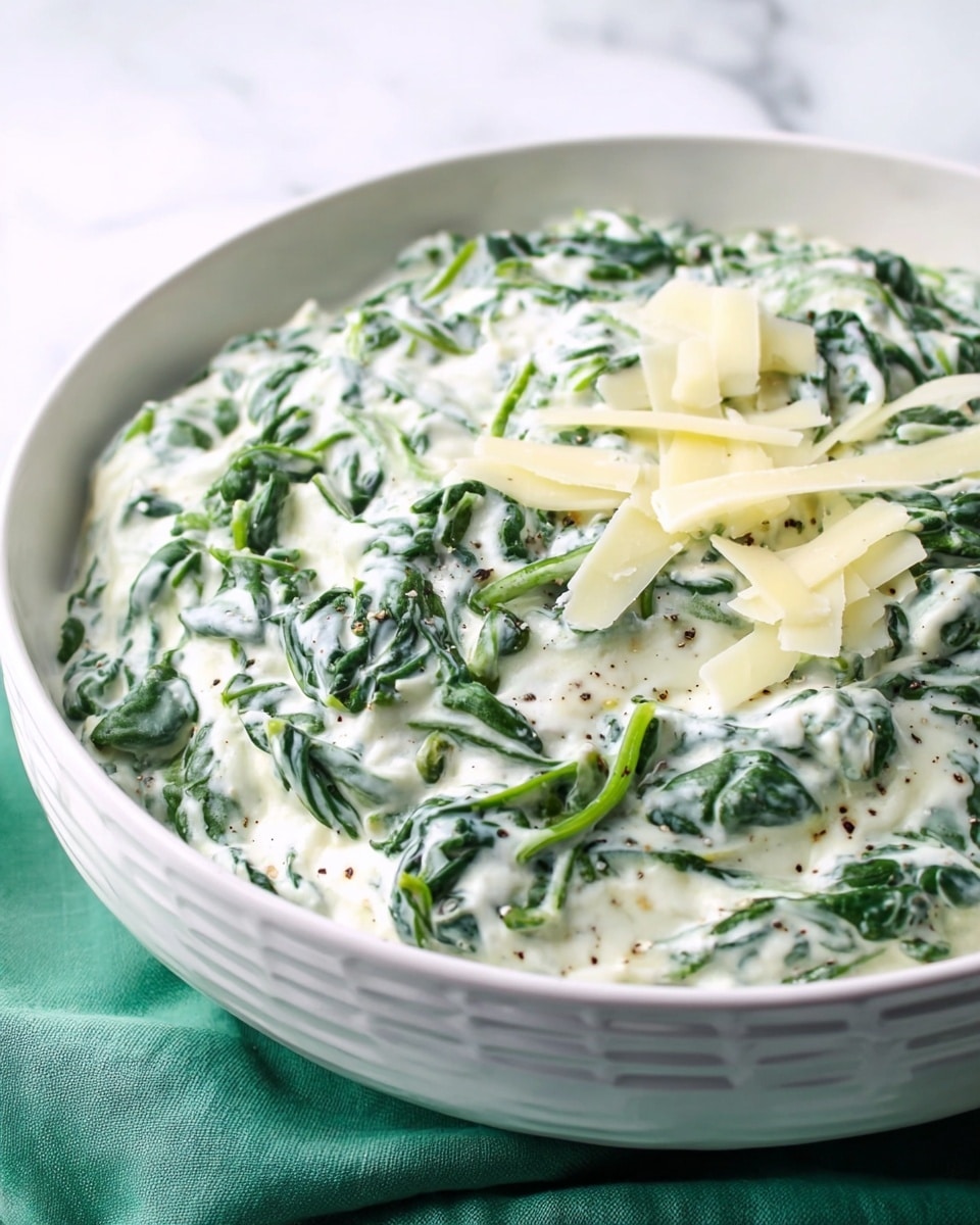 A white bowl is full of creamy spinach dip, showing vibrant green spinach leaves mixed thoroughly into a thick, white, smooth sauce with small black pepper specks visible throughout. On the top right side, thin pale yellow slices of cheese rest lightly on the creamy mixture. The bowl has a subtle textured pattern around the rim and sits on a soft green cloth against a white marbled background. photo taken with an iphone --ar 4:5 --v 7