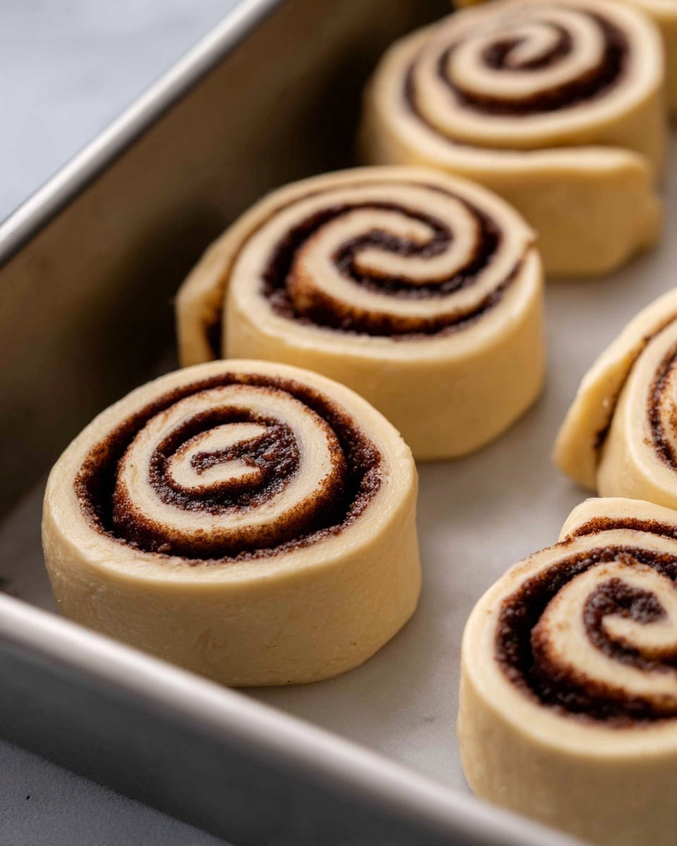 The image shows several unbaked cinnamon rolls placed closely together inside a metal baking tray. Each roll has two main layers: a soft, light beige dough layer wrapped around a dark brown cinnamon filling, creating a spiral pattern seen from the top. The dough is thick and smooth, and the cinnamon filling has a slightly grainy texture. The rolls are evenly sized and sit on a white marbled surface inside the tray. Photo taken with an iphone --ar 4:5 --v 7