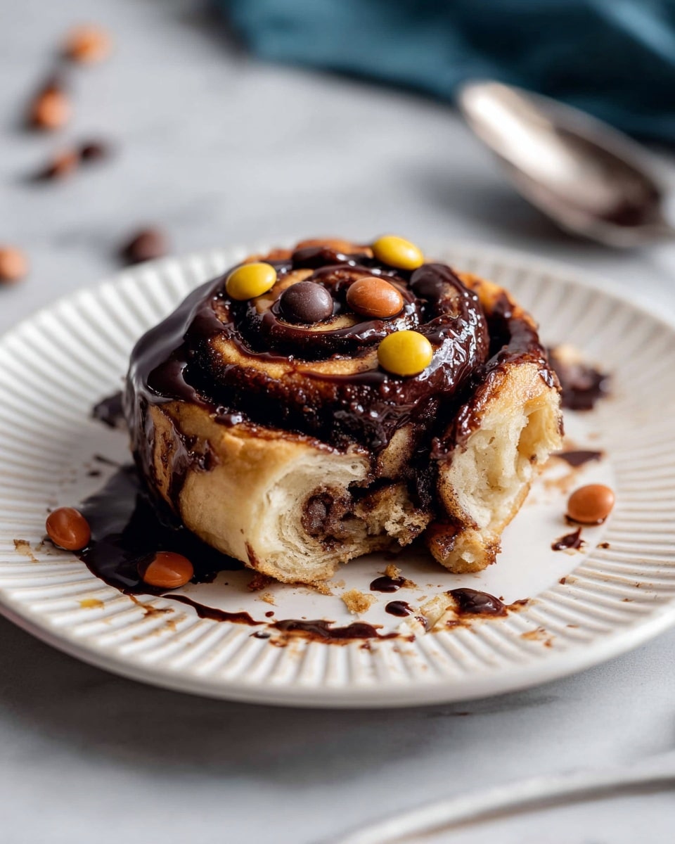 A single cinnamon roll sits in the center of a white plate with ridged edges, showing three visible layers of light brown dough with dark brown cinnamon filling spiraled inside. The roll is topped with a thick layer of glossy dark chocolate sauce, dripping slightly down the sides. Scattered on top and around the sauce are small round candy pieces in shades of dark brown, milk chocolate brown, and golden yellow. The plate rests on a white marbled surface with a blurred silver spoon behind it. A small section of the roll is broken, revealing the soft, fluffy texture inside, and bits of chocolate sauce are spread around the plate. Photo taken with an iphone --ar 4:5 --v 7