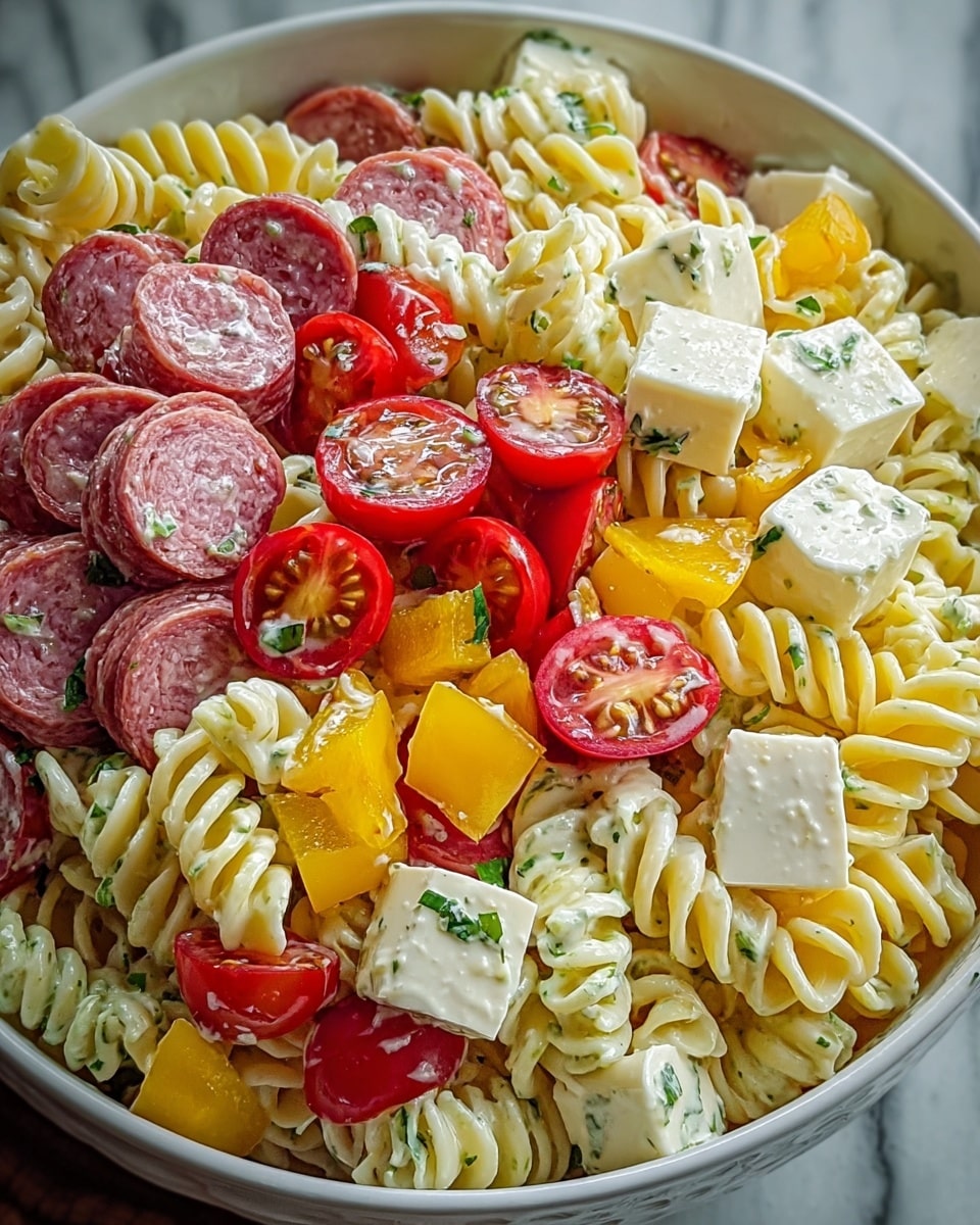 A white bowl filled with a pasta salad that has three main layers: the bottom layer is pale yellow spiral pasta, the middle layer consists of bright yellow bell pepper pieces and halved red cherry tomatoes showing juicy seeds, and the top layer includes round slices of pinkish-red cured sausage and firm white cubes of cheese. The salad is lightly coated in a creamy dressing with visible specks of green herbs, and the bowl is set on a white marbled surface. photo taken with an iphone --ar 4:5 --v 7