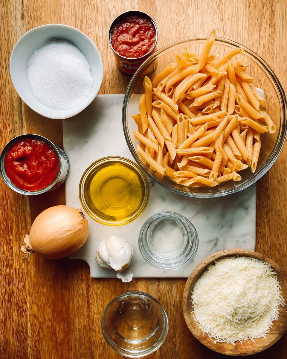 The image shows a wooden surface with various cooking ingredients neatly arranged in bowls and containers. There is a large clear glass bowl filled with uncooked penne pasta showing a pale orange color. Nearby, a small white bowl contains white granulated salt, and next to it is an open can of bright red tomato paste. A small clear glass bowl holds a light golden liquid, likely oil, and another small container has a transparent liquid, probably water or broth. A clear bowl contains white granulated sugar, and a wooden bowl holds grated white cheese with a slightly coarse texture. There is also a whole yellow onion and a small unpeeled garlic clove on the surface. The entire setup rests on a white marbled counter. photo taken with an iphone --ar 4:5 --v 7