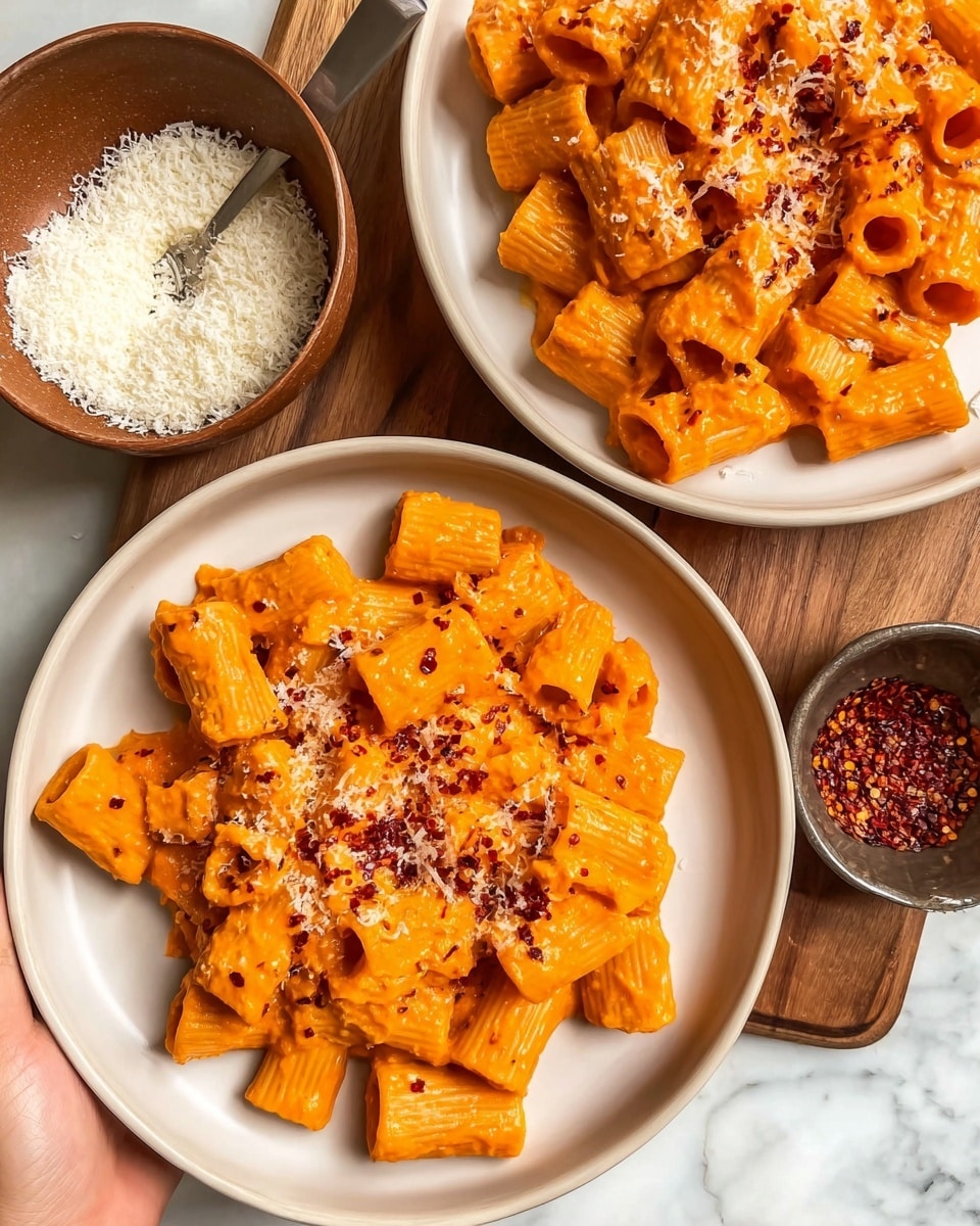 The image shows two round white plates filled with rigatoni pasta covered in bright orange creamy sauce. The pasta pieces are thick, tubular, and arranged randomly but evenly on each plate. Each plate is topped with a sprinkle of grated white cheese and scattered red chili flakes. To the left of the plates, there's a brown bowl filled with more white grated cheese, and to the right, a small container of red chili flakes rests. The background is a white marbled surface with a wooden cutting board underneath the bowls and plates. A woman's hand is partially visible holding the top plate. Photo taken with an iphone --ar 4:5 --v 7