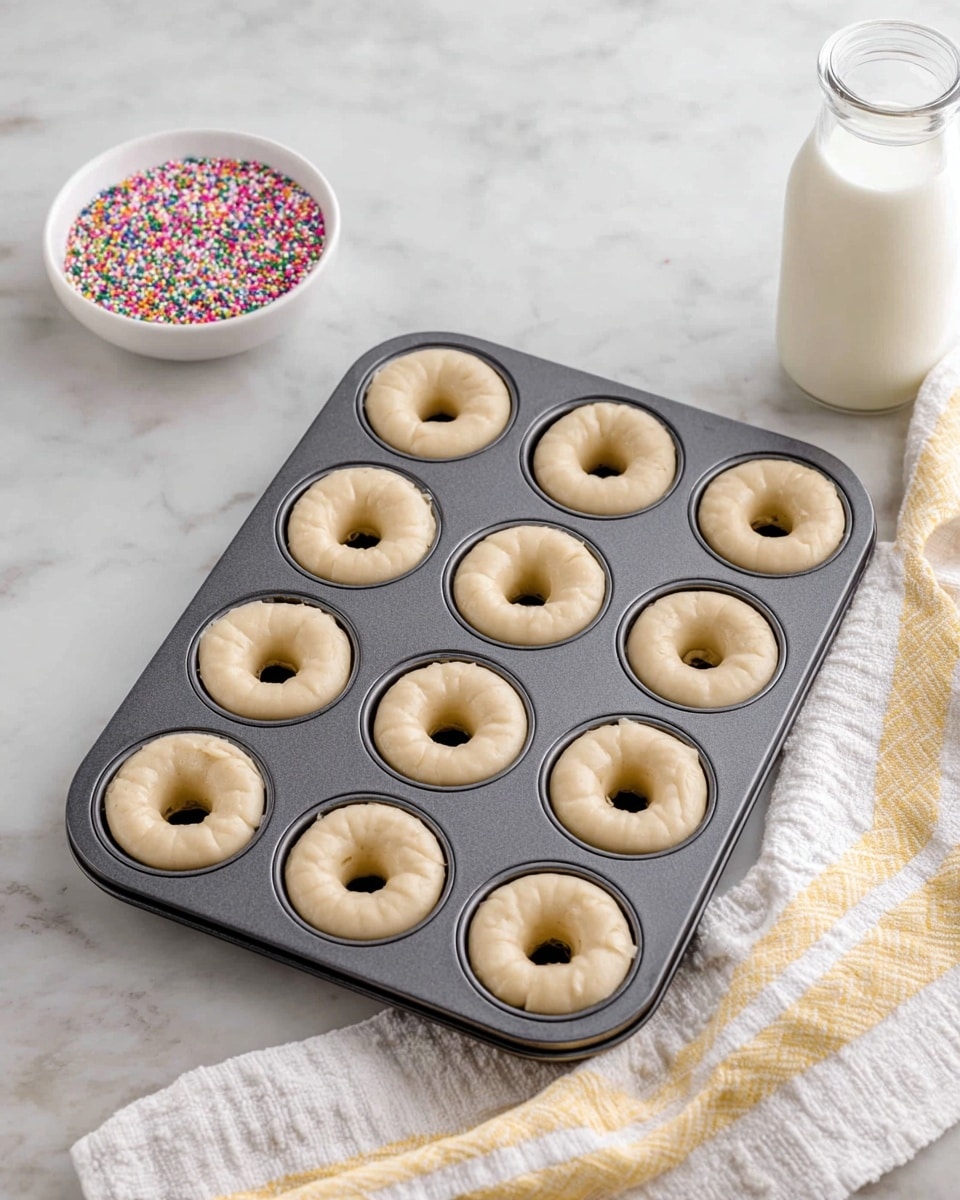 The image shows a dark gray donut pan filled with twelve rings of light beige dough, each with a smooth, slightly bumpy texture and a raised center forming the donut hole. The pan rests on a white marbled surface, partly covered by a white cloth with yellow stripes on the right side. At the top left corner, there is a small white bowl filled with colorful round sprinkles in pink, white, orange, green, and purple. Next to the bowl, there is a clear glass bottle filled with white milk. The photo was taken with an iphone --ar 4:5 --v 7