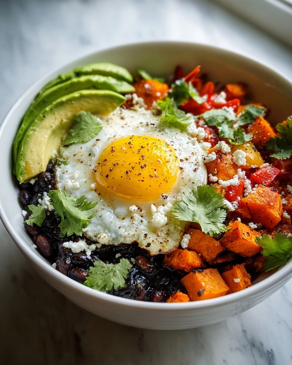 A white bowl is filled with a colorful layered dish on a white marbled surface. The bottom layer is black beans on the right side, and on the left are bright orange roasted sweet potato cubes mixed with small pieces of red tomatoes. On top in the center sits a sunny side up egg with a bright yellow yolk and white edges, sprinkled with black pepper and garnished with green cilantro leaves. Thin slices of avocado rest along the back edge of the bowl, adding a light green color to the mix. White crumbled cheese is scattered over the egg and some other parts of the dish. The photo is taken close up in natural light by a window. Photo taken with an iphone --ar 4:5 --v 7