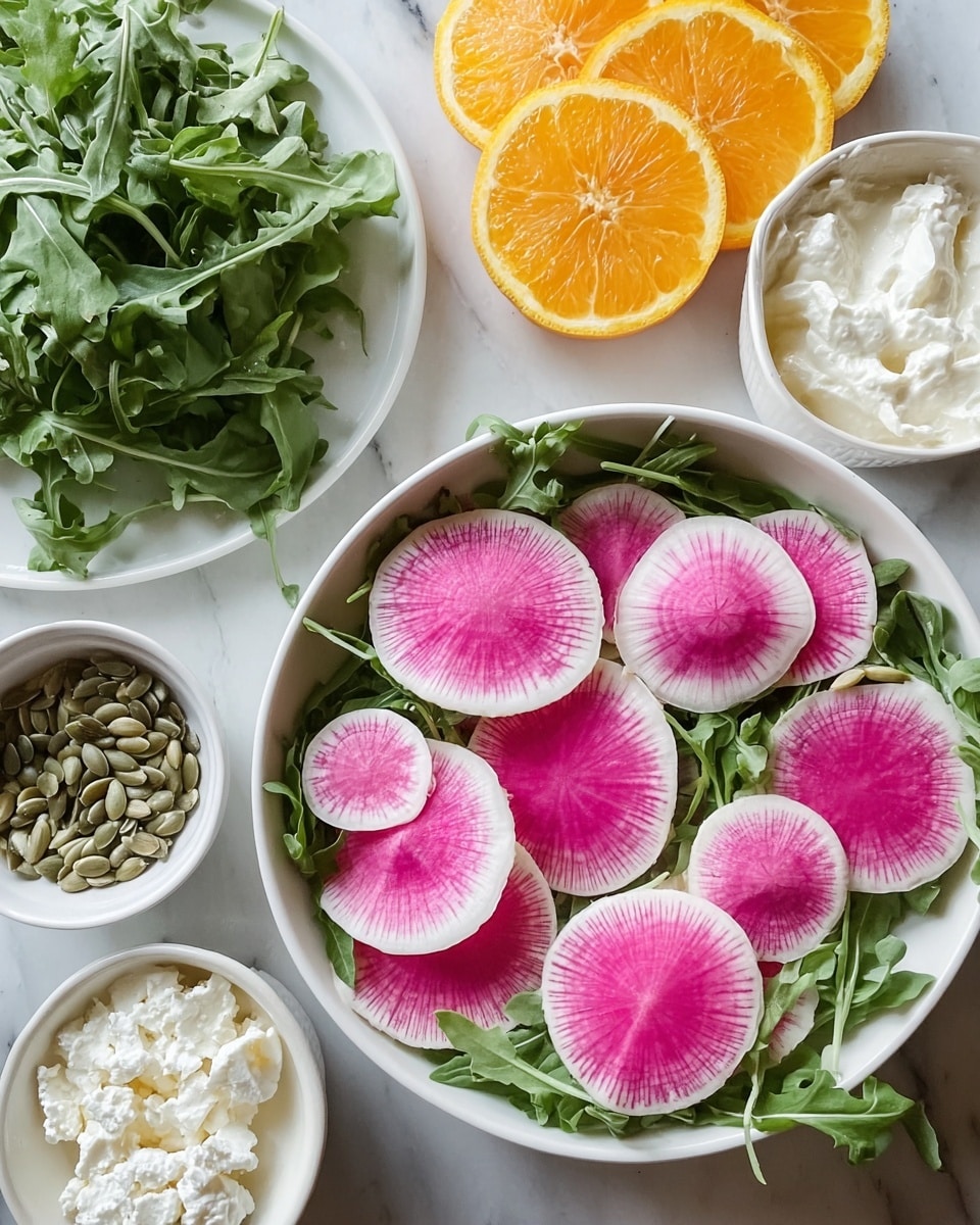 The image shows a white bowl filled with round pink radish slices layered over green leafy arugula at the bottom. Around the radish bowl, there are smaller white bowls: one filled with greenish sunflower seeds, one with white creamy yogurt, and one with crumbly white cheese. To the left, there is a bunch of fresh green arugula leaves on a white plate, and orange slices are placed in small clusters on the white marbled surface nearby. photo taken with an iphone --ar 4:5 --v 7