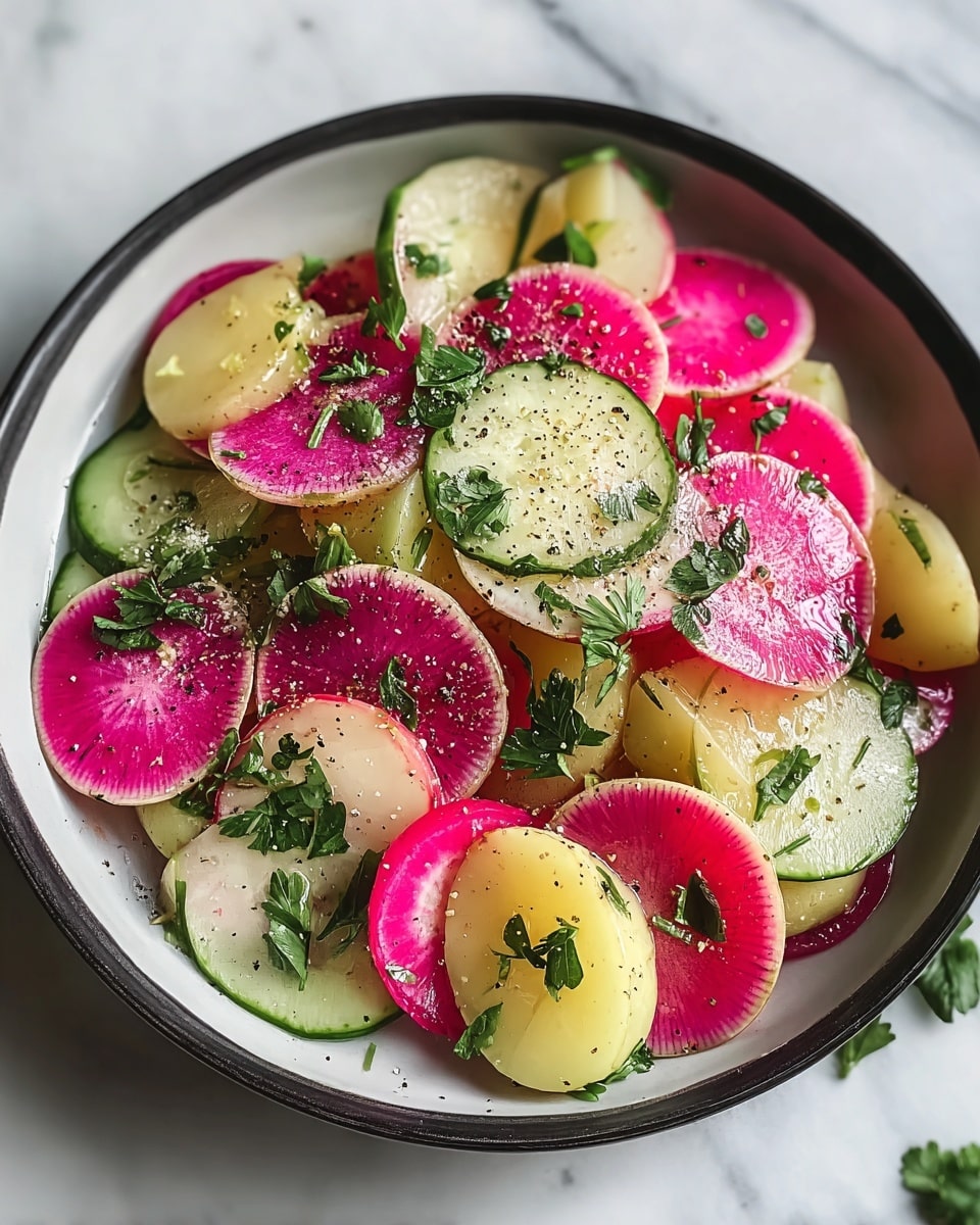 The dish is a fresh salad arranged in a white bowl with dark edge, placed on a white marbled surface. It has several layers of thinly sliced vegetables: large round slices of pink and green watermelon radish with a bright pink center and green outer ring, smaller round slices of white radish with pink edges, and pale yellow chunks of potato. The salad is sprinkled with chopped green parsley, coarse salt, and cracked black pepper. The texture of the radish is smooth and crisp, and the potato pieces are soft and slightly shiny, giving the salad a light, fresh look. photo taken with an iphone --ar 4:5 --v 7