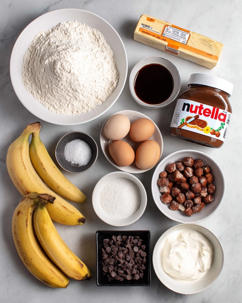 The image shows an overhead view of various baking ingredients arranged neatly on a white marbled surface. There is a large white plate filled with white flour at the top left, next to an unwrapped stick of pale yellow butter. A jar of Nutella with an orange and black label sits to the right of the butter. Below the flour is a small white bowl of dark brown vanilla extract, and to its left is a black square dish holding white baking soda, baking powder, and salt. There is a small white bowl filled with dark brown hazelnuts near the center. Two light brown eggs sit side by side below the hazelnuts, and to their right is a black square dish filled with white granulated sugar. At the bottom left, two ripe bananas with brown spots rest next to a white bowl of thick white yogurt. Lastly, there is a small white bowl filled with dark brown chocolate chips at the bottom right. The photo taken with an iphone --ar 4:5 --v 7