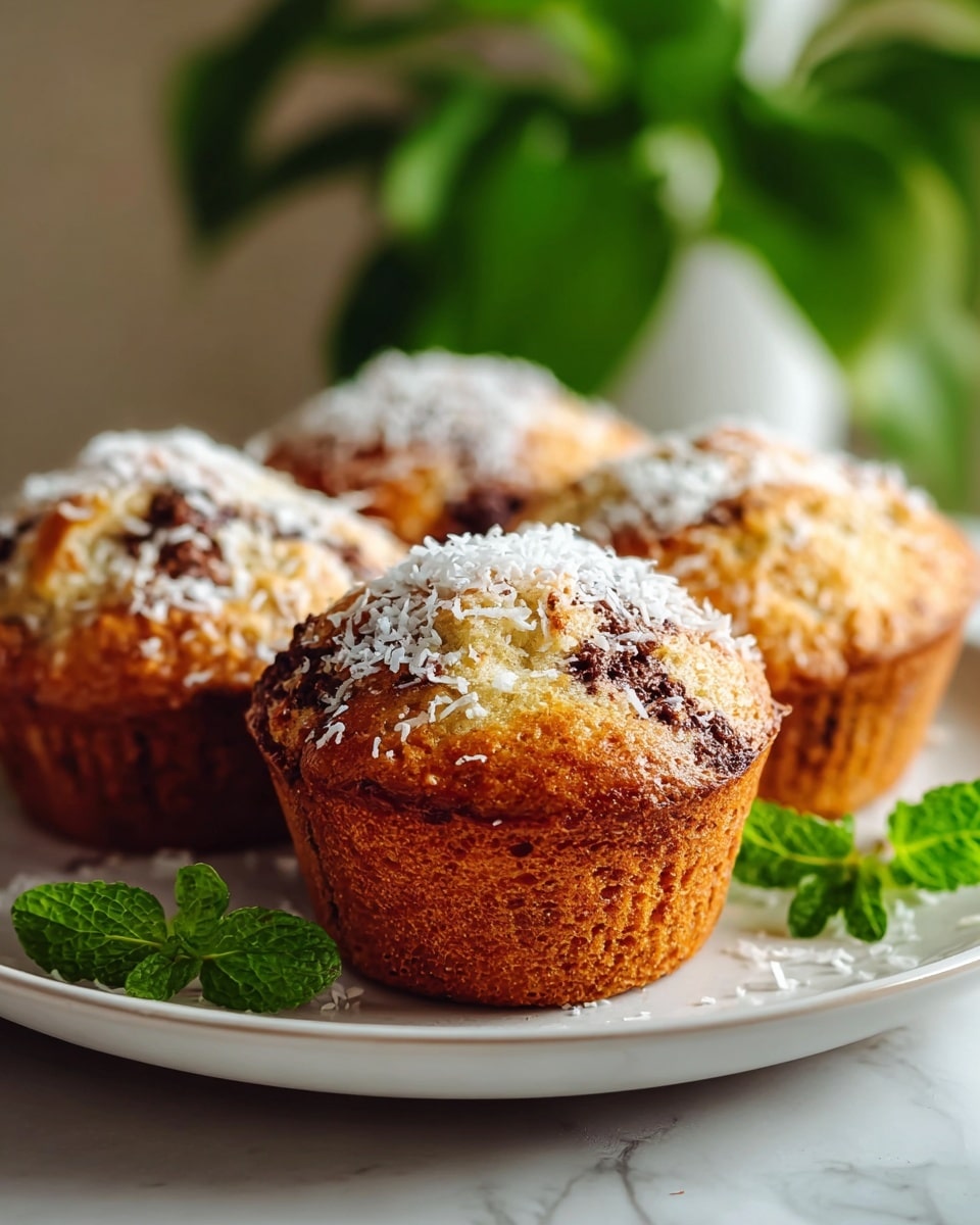 A close-up of four golden brown muffins on a white plate. Each muffin has a spotted crust with dark chocolate swirls mixed into the light golden batter. The tops are rounded and sprinkled with white shredded coconut, adding a soft texture on top. The muffins sit on a white marbled surface, with a bunch of green mint leaves placed next to the plate. The background is softly blurred with a green plant visible in the distance, creating a fresh and cozy atmosphere. Photo taken with an iphone --ar 4:5 --v 7