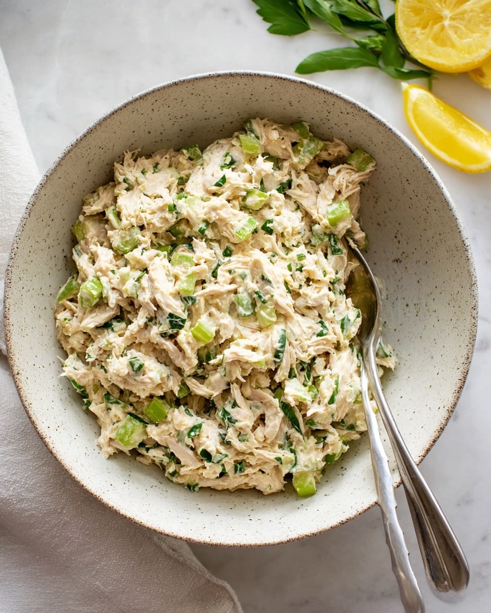 A white speckled bowl holds a creamy, chunky salad made of shredded light beige pieces mixed with small green celery bits and herbs, giving it a textured and fresh appearance. A silver spoon rests inside the bowl, partly submerged in the mixture. In the background, there are bright yellow lemon wedges and green leaves on a white marbled surface, along with a soft white cloth to the side. The overall look is fresh and inviting, with a mix of soft and crunchy textures visible photo taken with an iphone --ar 4:5 --v 7