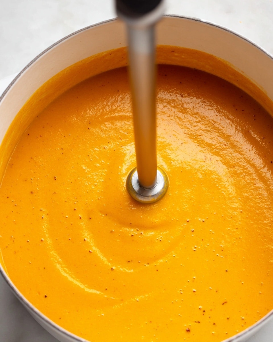 The image shows a close-up of a bright orange soup with a smooth and creamy texture inside a white pot. A metal immersion blender is partly submerged in the soup, blending it and creating a slight swirl pattern around the blender's head. Tiny bubbles and small darker specks are visible throughout the soup, adding texture. The pot sits on a white marbled surface. photo taken with an iphone --ar 4:5 --v 7