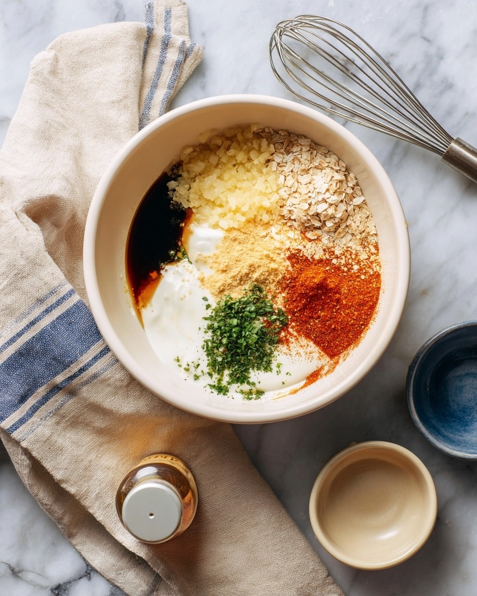 A white bowl filled with six separate layers of ingredients: dark soy sauce at the bottom left, smooth creamy white yogurt or sour cream covering the middle, light yellow minced garlic on top of the cream, pale toasted oats or flakes on the right side, bright red paprika powder near the center, and chopped green herbs right next to the paprika. The bowl rests on a white marbled surface with a silver whisk and a beige cloth with blue stripes beside it. Around the bowl, there are two small empty dishes—one beige and one white with a blue inside—and a small clear shaker, with a bottle of sauce placed near the bottom left corner. Photo taken with an iphone --ar 4:5 --v 7