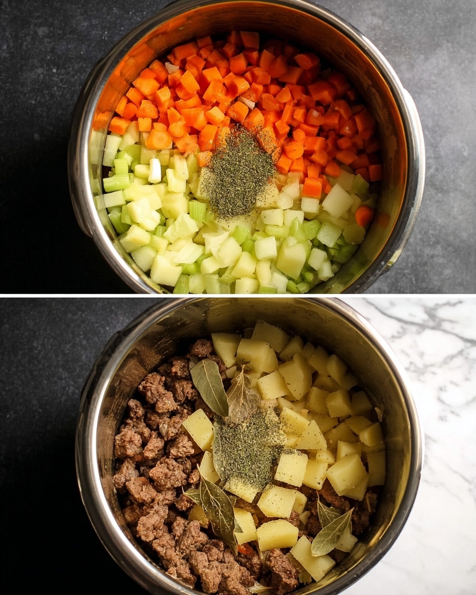 The image shows a metal pot with two stages of cooking inside. In the first stage, the pot is filled with four main layers: dark brown chunks of cooked meat at the bottom, topped with three sections of diced vegetables—orange carrots on the upper left, light green celery on the upper right, and pale yellow potatoes below them, arranged in a triangular pattern. In the second stage, the contents are mixed with the meat and vegetables blending together, showing more brown meat pieces spread evenly. On top, there is a sprinkling of green dried herbs and two large light brown bay leaves placed near the center. The pot is set on a dark surface, replaced mentally with a white marbled texture. photo taken with an iphone --ar 4:5 --v 7