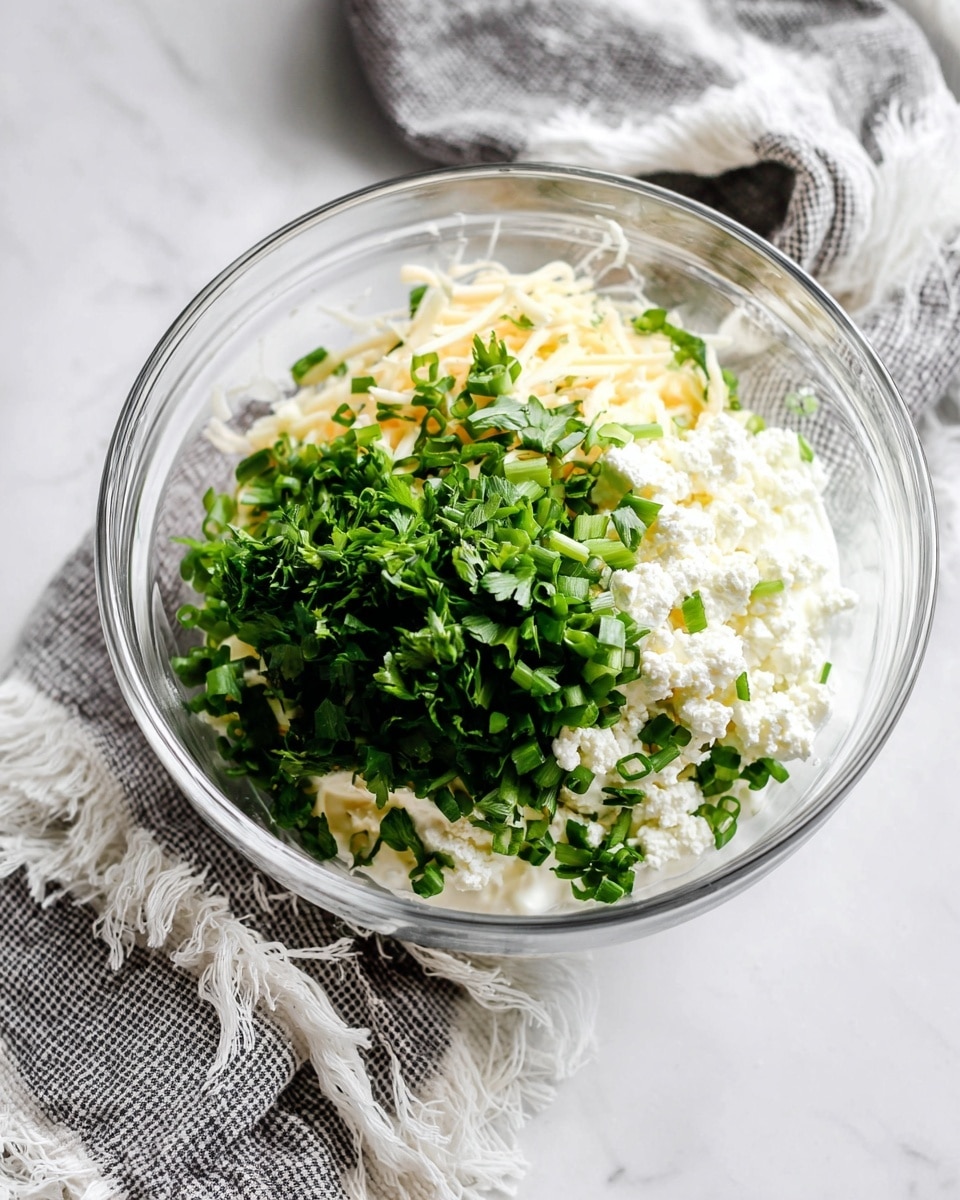 A clear glass bowl sits on a white marbled surface, filled with four layers of ingredients clearly visible from the side: a base of white cream cheese softly textured, a thick layer of shredded pale yellow cheese, a heap of crumbly white cottage cheese on one side, and a generous topping of finely chopped bright green green onions and darker green fresh parsley leaves. A gray and white striped towel with fluffy white threads lies next to the bowl, adding a cozy touch. The photo taken with an iphone --ar 4:5 --v 7