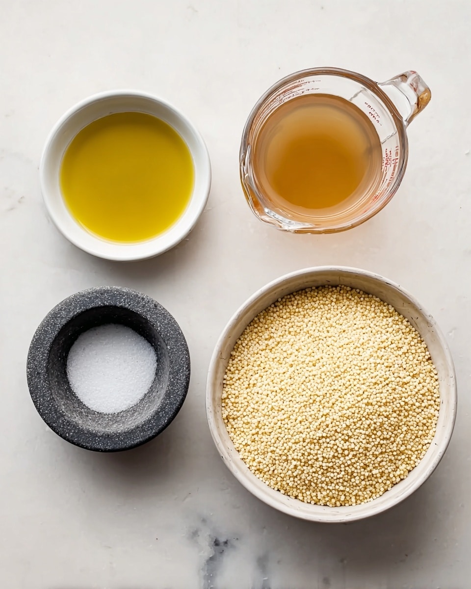 The image shows four separate containers of ingredients on a white marbled surface. On the left, there is a small white bowl filled with golden-yellow olive oil. Next to it is a small dark gray stone bowl filled with fine white salt. To the right is a glass measuring cup filled with light brown clear broth. The largest container on the far right is a white bowl filled with small, pale yellow couscous grains. Each container is clearly separated and neatly arranged in a simple overhead view photo taken with an iphone --ar 4:5 --v 7
