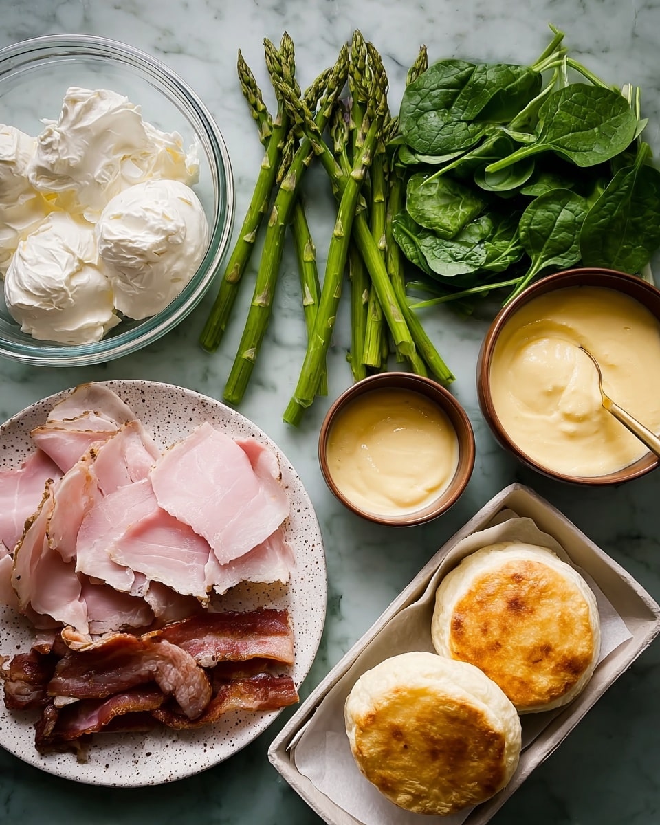 The image shows a food layout on a white marbled surface. On the left side, there is a clear glass bowl filled with white scoops of cream or soft cheese. Below it, a white speckled plate holds a few slices of pink ham and several pieces of cooked brown bacon layered loosely. Above the plate, multiple green asparagus spears and fresh spinach leaves are spread out. On the right side, a brown bowl contains smooth, creamy yellow sauce with a gold spoon inside it. Next to the bowl, a white paper tray holds three golden-brown round English muffins stacked side by side. The colors are bright and fresh, and the setup is neat and inviting. Photo taken with an iphone --ar 4:5 --v 7