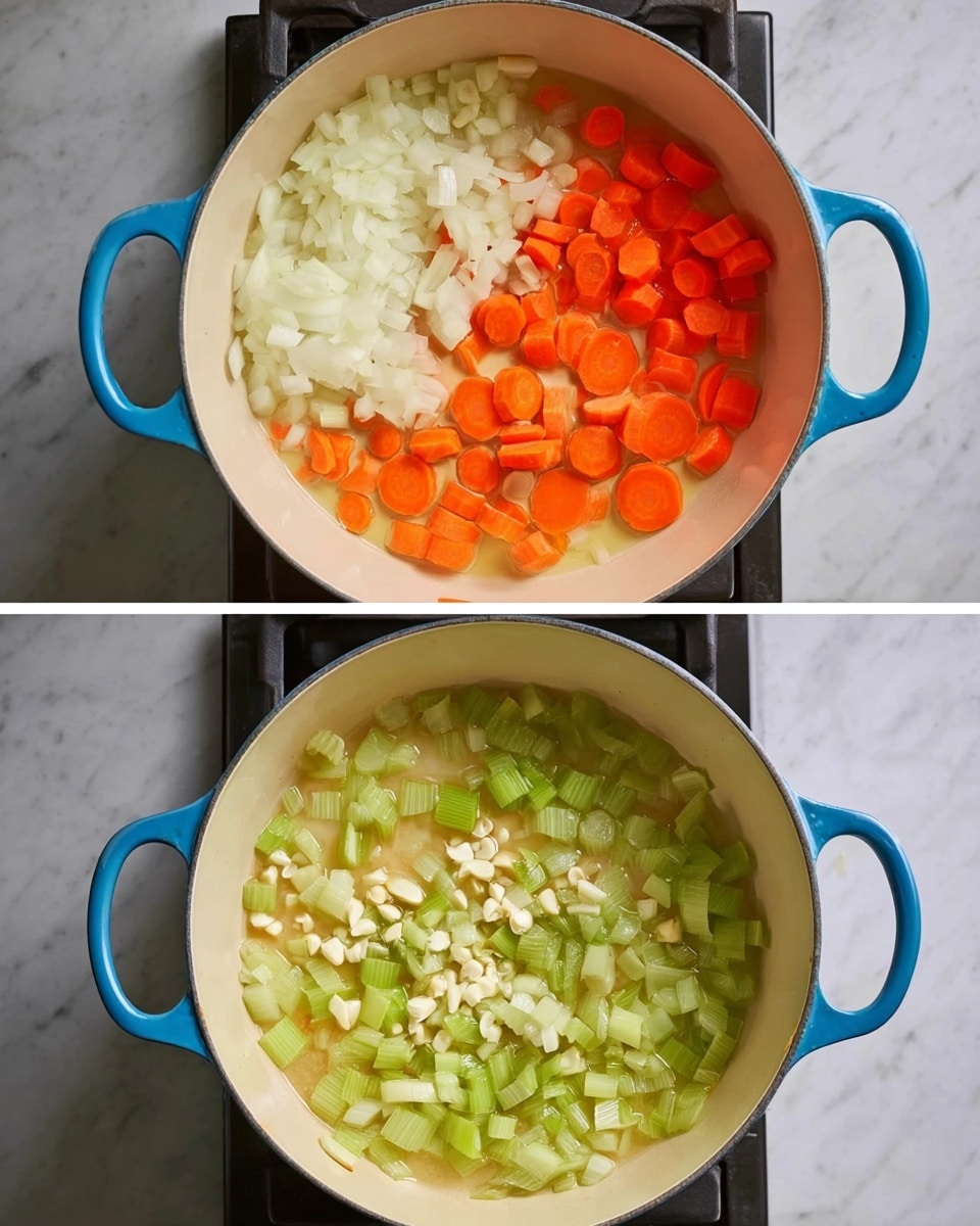 The image shows two views of a blue pot with a white inside on a dark stove top, placed on a white marbled surface. In the top view, there are three separate piles of chopped vegetables inside the pot: white onions on the left, orange carrots at the top, and light green celery at the bottom, all surrounded by light yellow oil. In the bottom view, the vegetables are mixed and cooked down with added small white pieces of garlic in the center, showing a softer, slightly shiny texture from cooking. Photo taken with an iphone --ar 4:5 --v 7